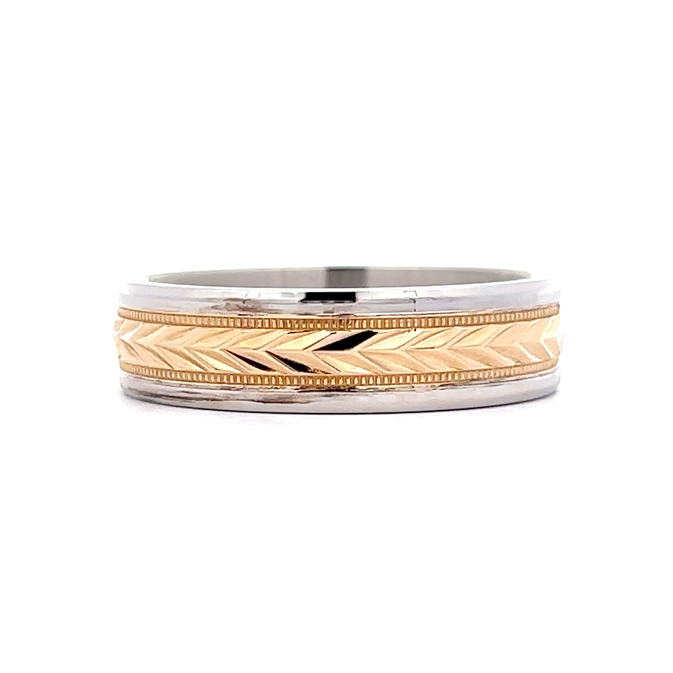 Benchmark Men's Two-Tone Chevron Pattern Wedding Band in 14k - Image 2