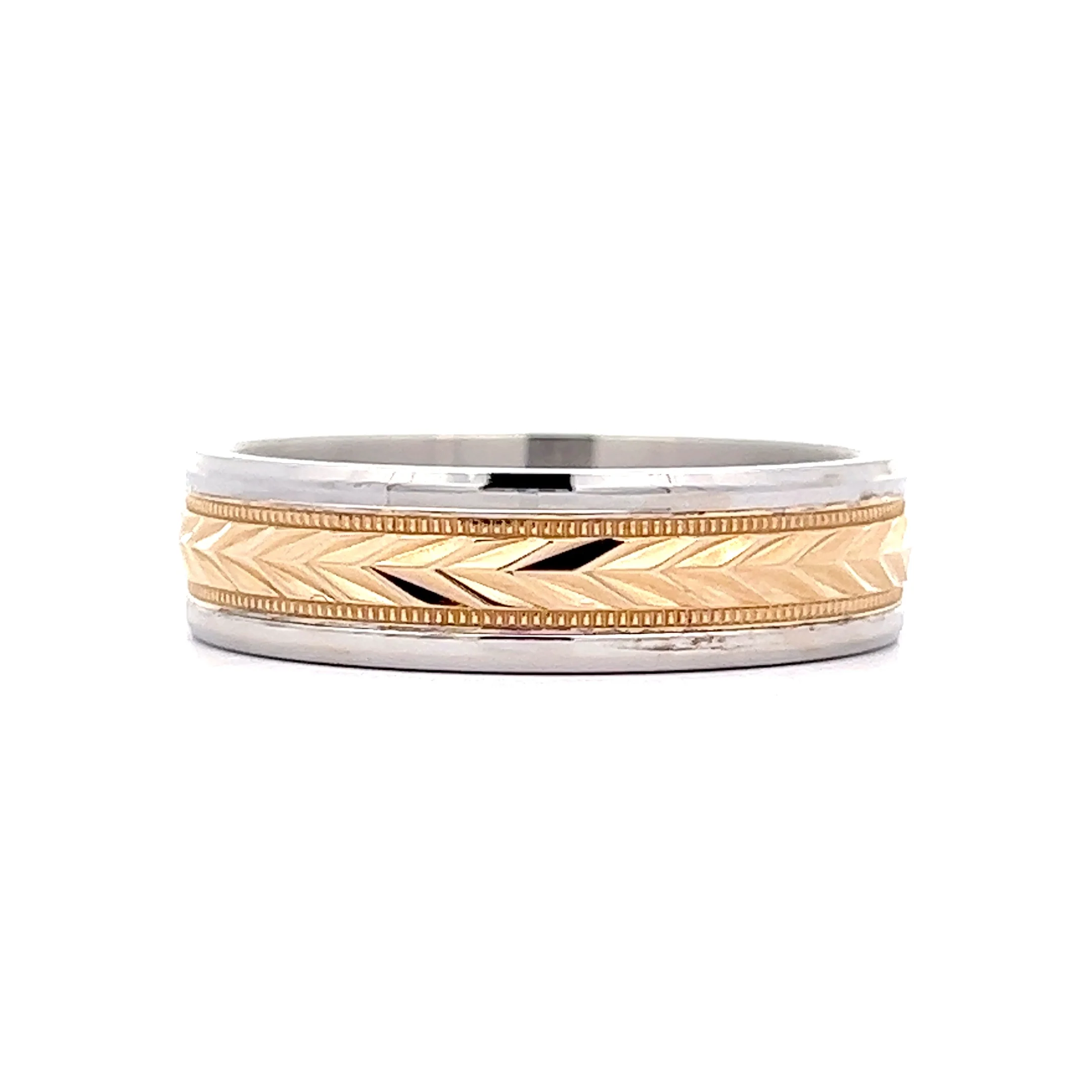 Benchmark Men's Two-Tone Chevron Pattern Wedding Band in 14k - Image 3