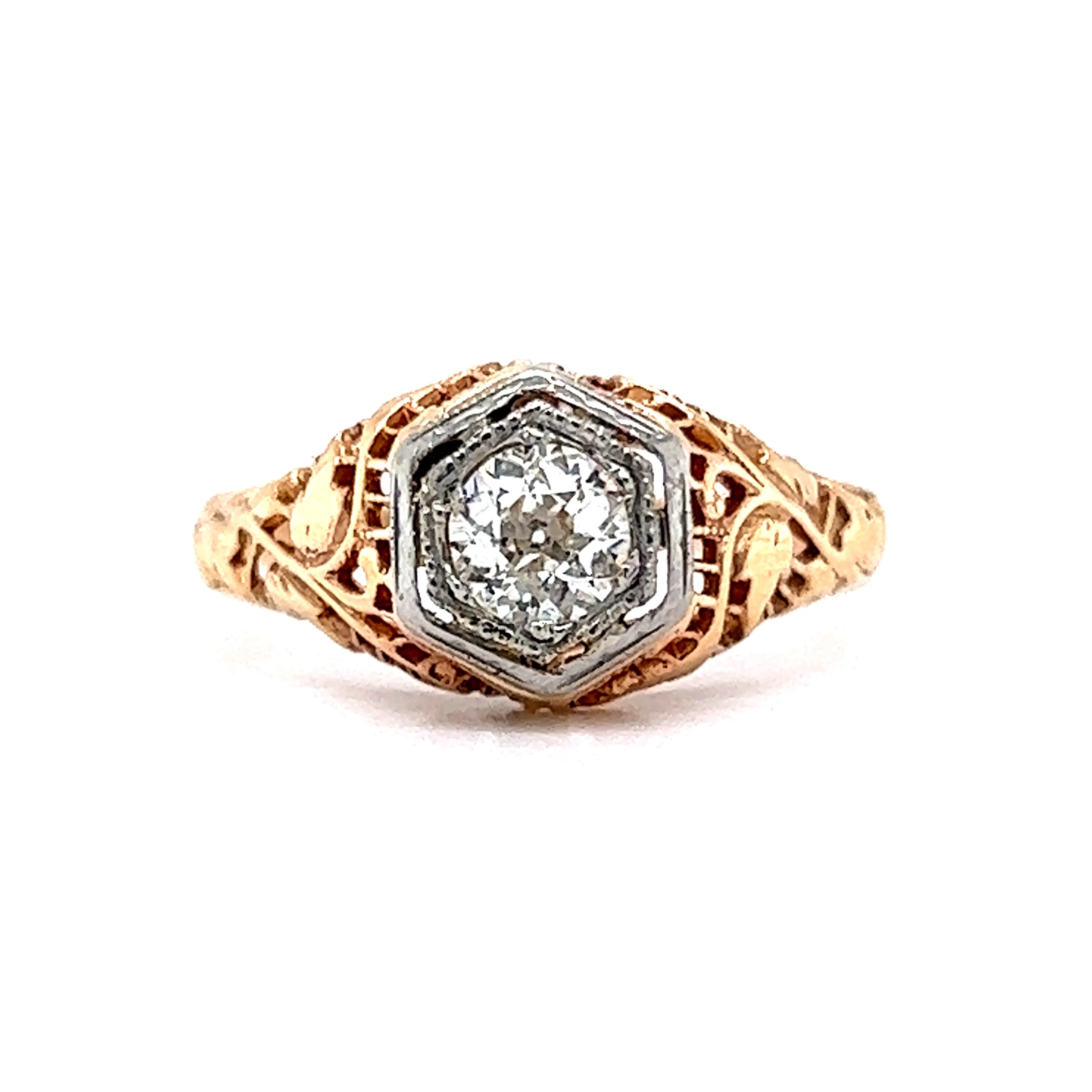 Two-Tone Retro Filigree Diamond Engagement Ring 14k