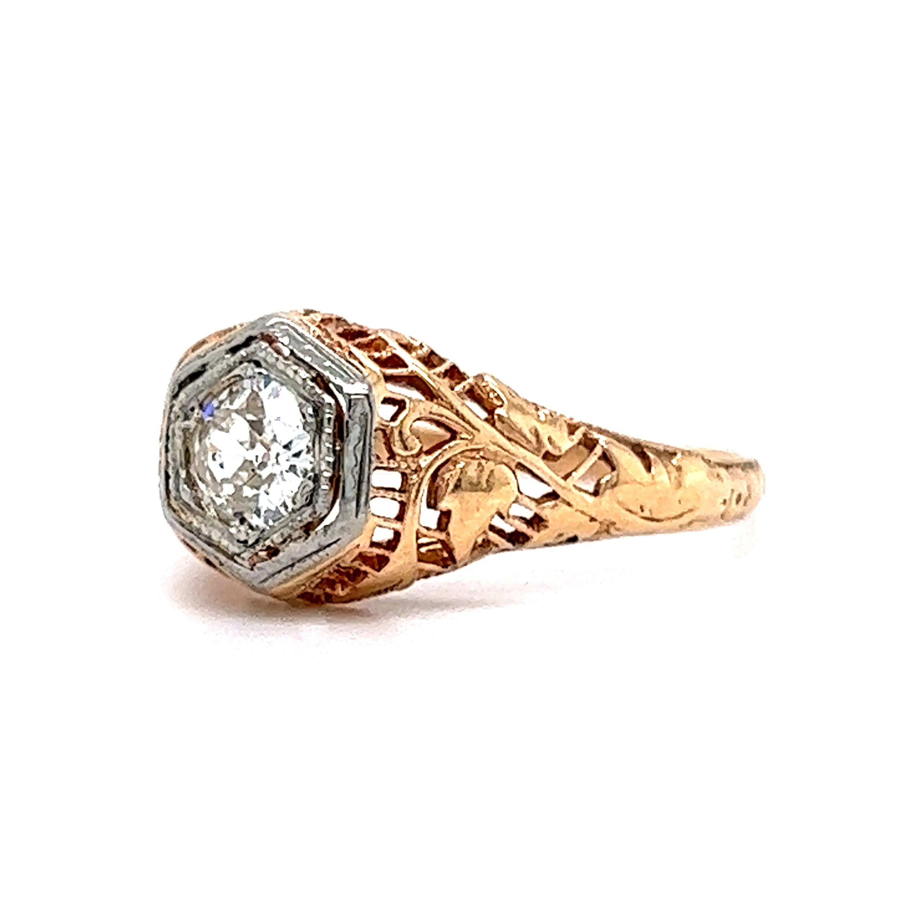 Two-Tone Retro Filigree Diamond Engagement Ring 14k - Image 2