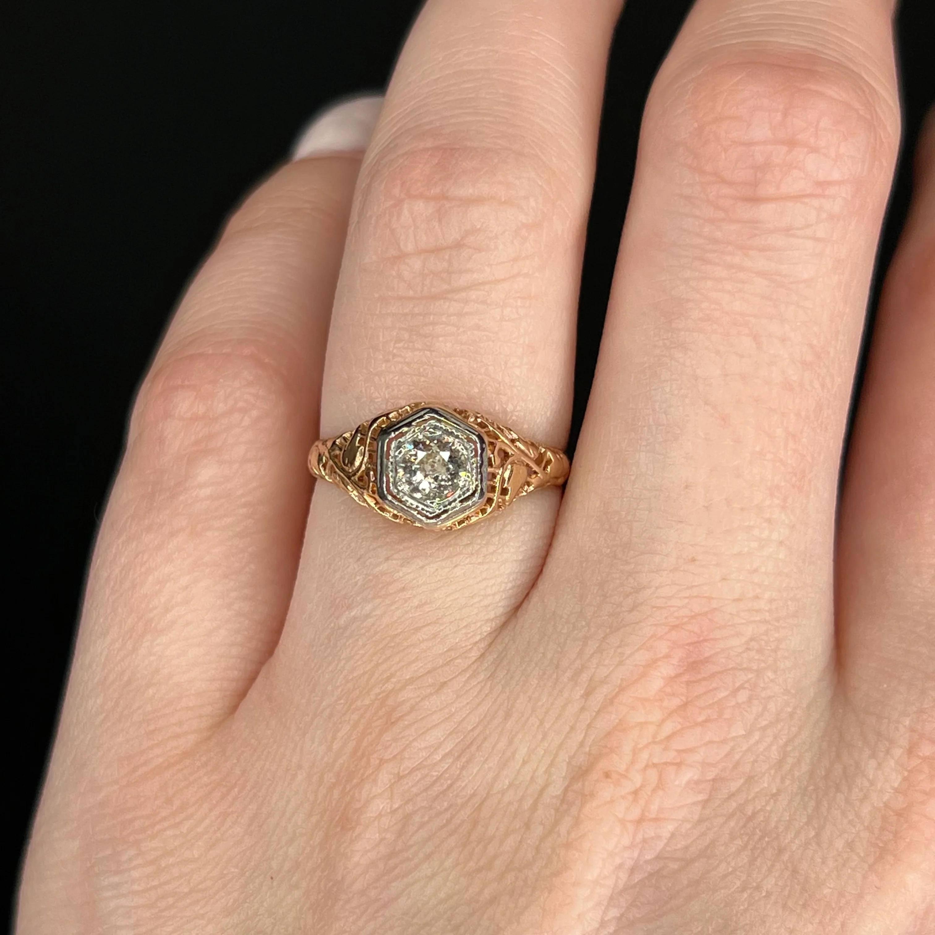 Two-Tone Retro Filigree Diamond Engagement Ring 14k - Image 6