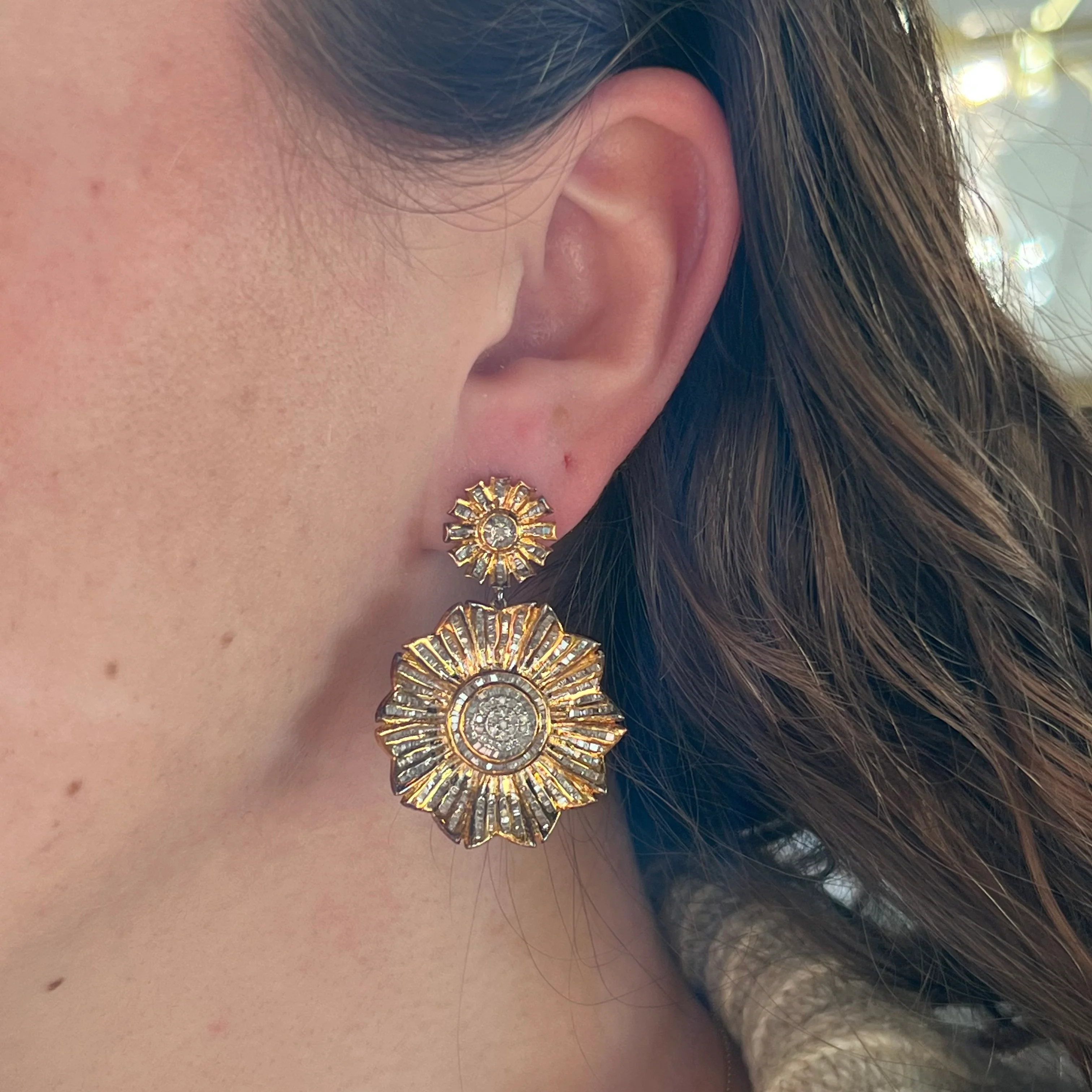 Vermeil Pave Diamond Flower Drop Earrings - Image 4