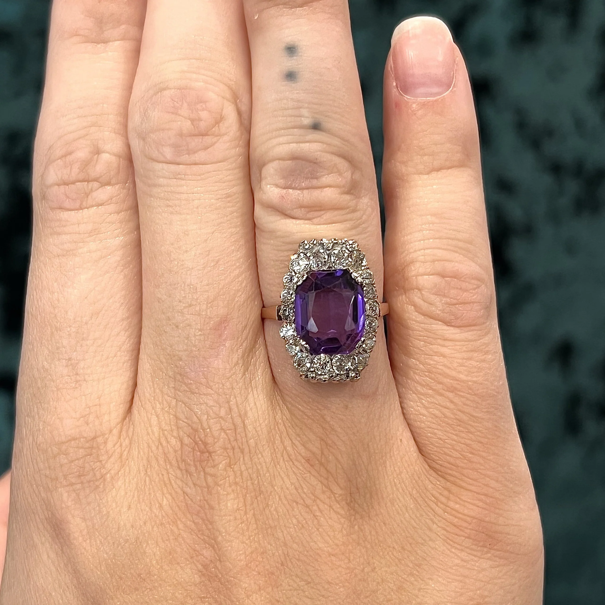Victorian Amethyst Halo Cocktail Ring in 14k Rose & White Gold - Image 6