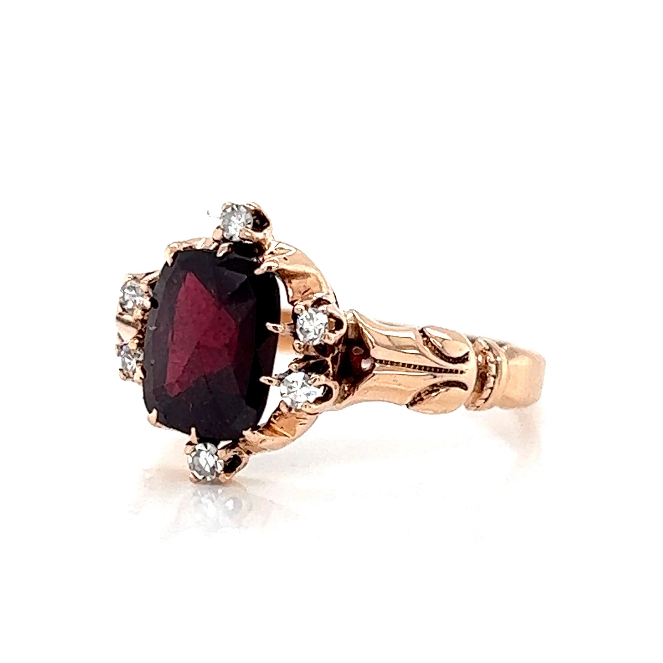 Victorian Antique Cut Garnet & Diamond Ring in 10k Yellow Gold - Image 2