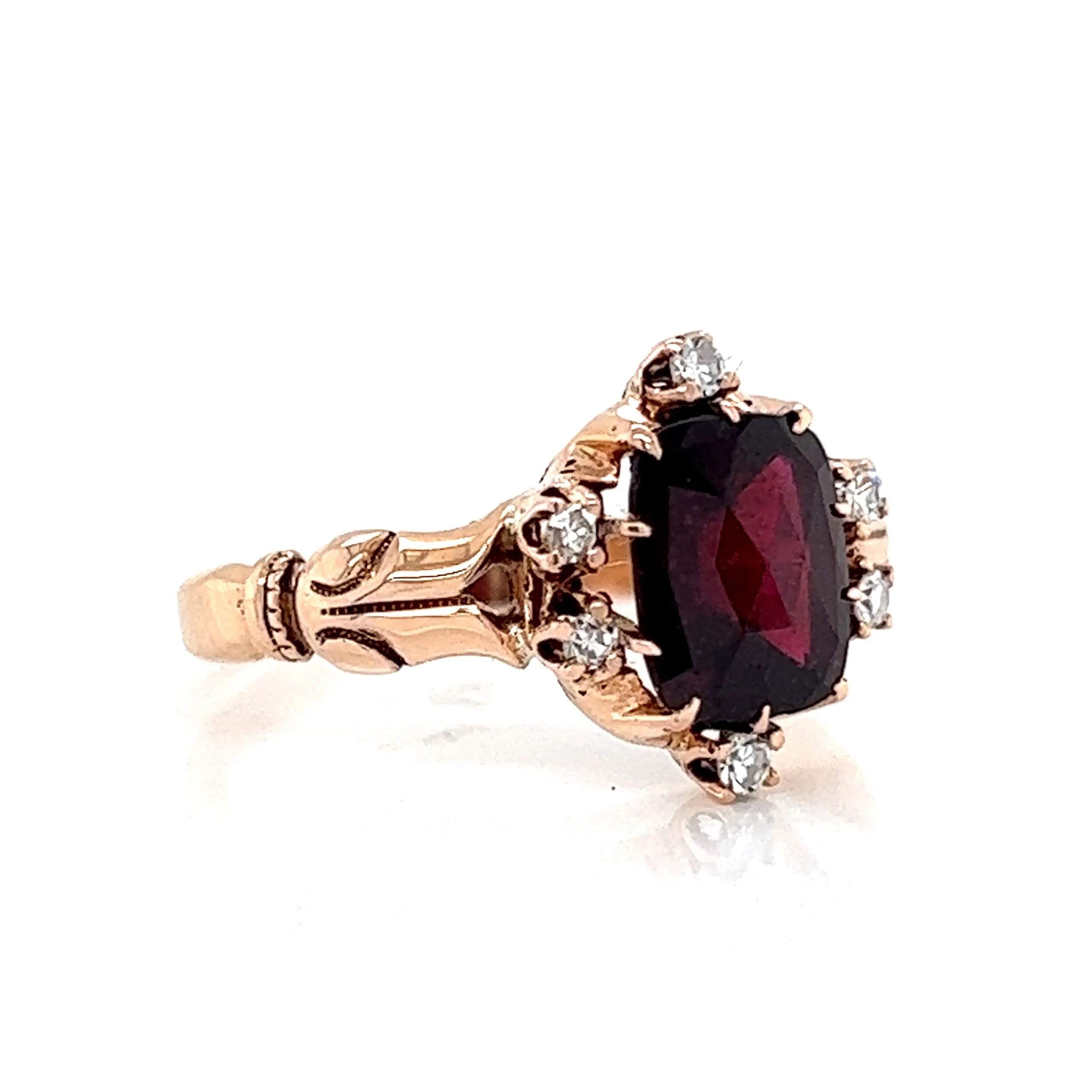 Victorian Antique Cut Garnet & Diamond Ring in 10k Yellow Gold - Image 3