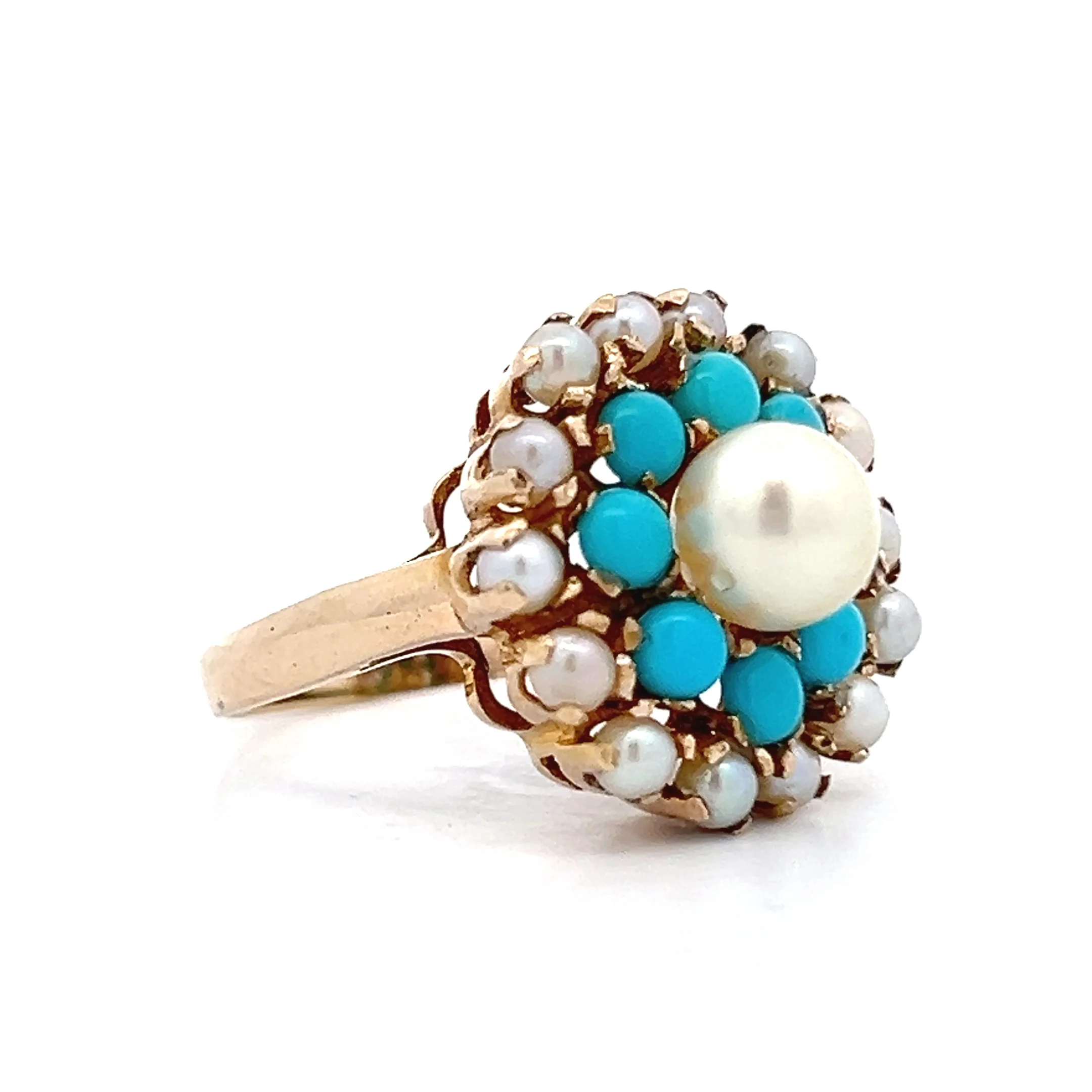 Victorian Antique Turquoise & Pearl Cocktail Ring in 14k - Image 3
