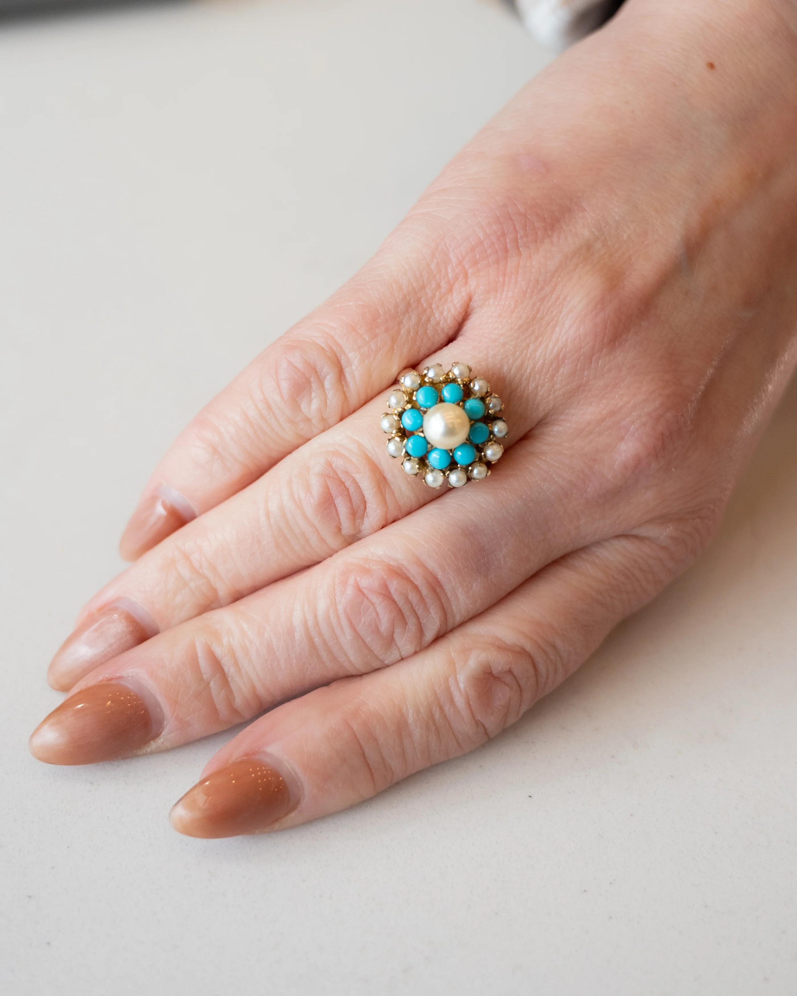 Victorian Antique Turquoise & Pearl Cocktail Ring in 14k - Image 7