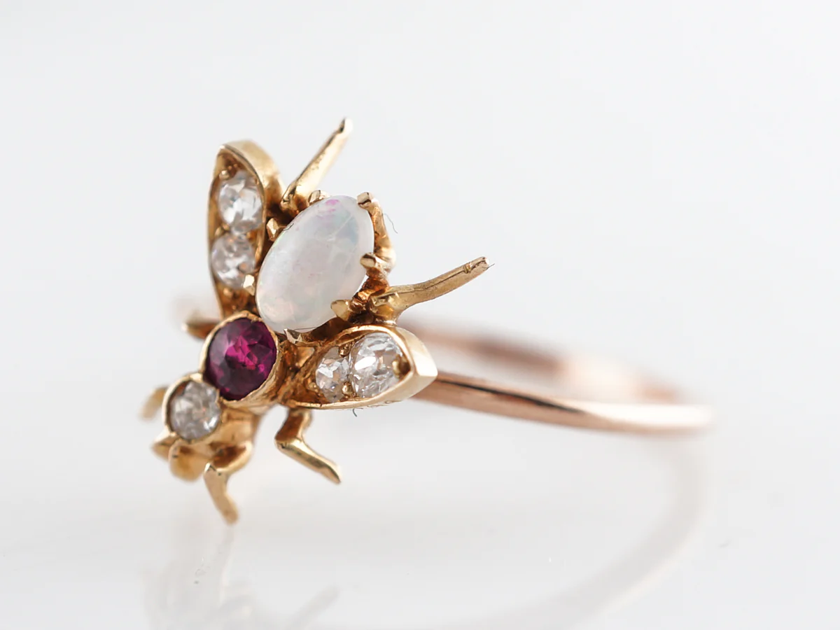 Victorian Bee Cocktail Ring w/ Opal & Rubies 14k - Image 2