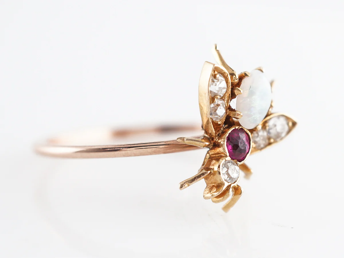 Victorian Bee Cocktail Ring w/ Opal & Rubies 14k - Image 3
