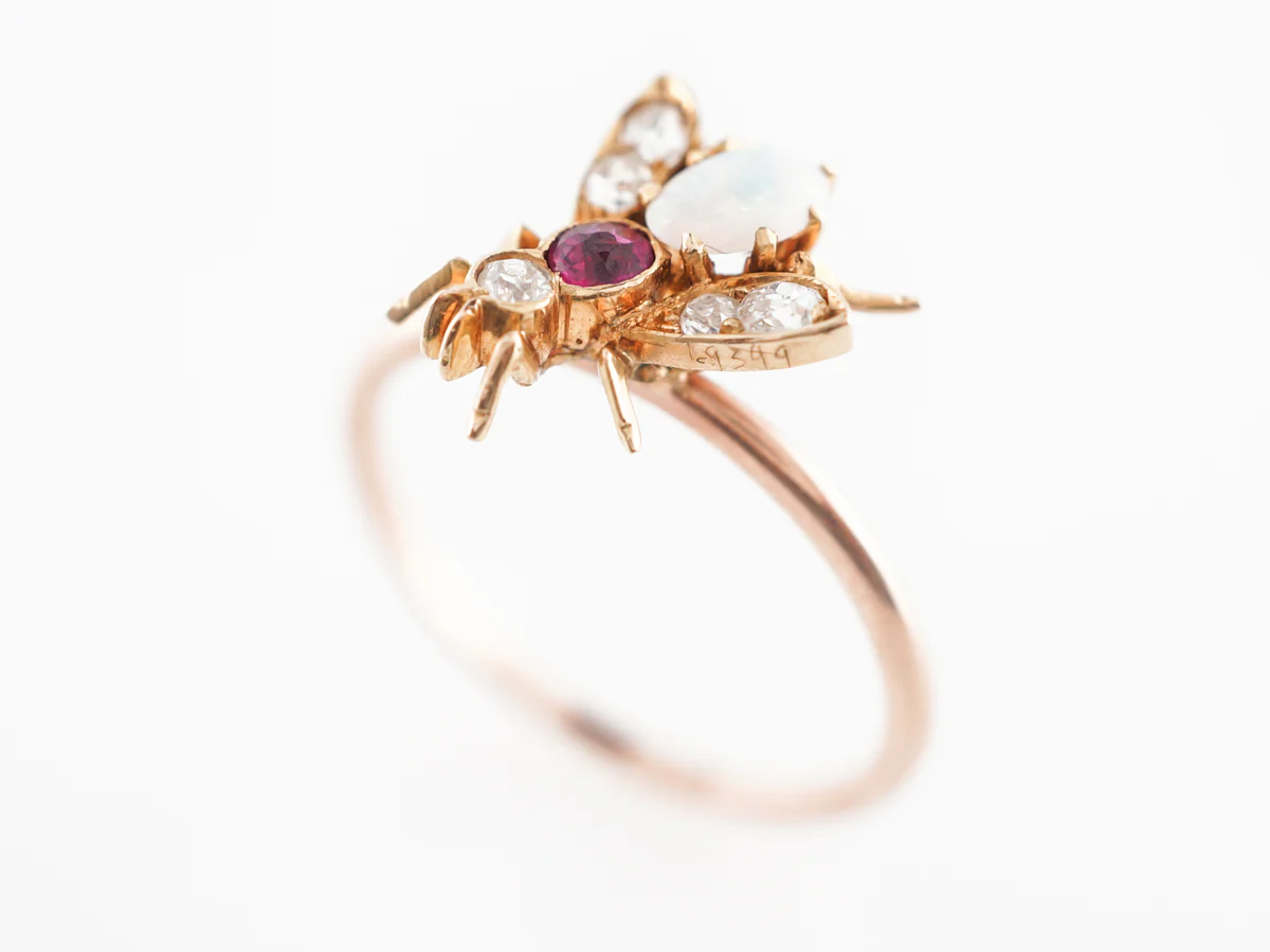 Victorian Bee Cocktail Ring w/ Opal & Rubies 14k - Image 5