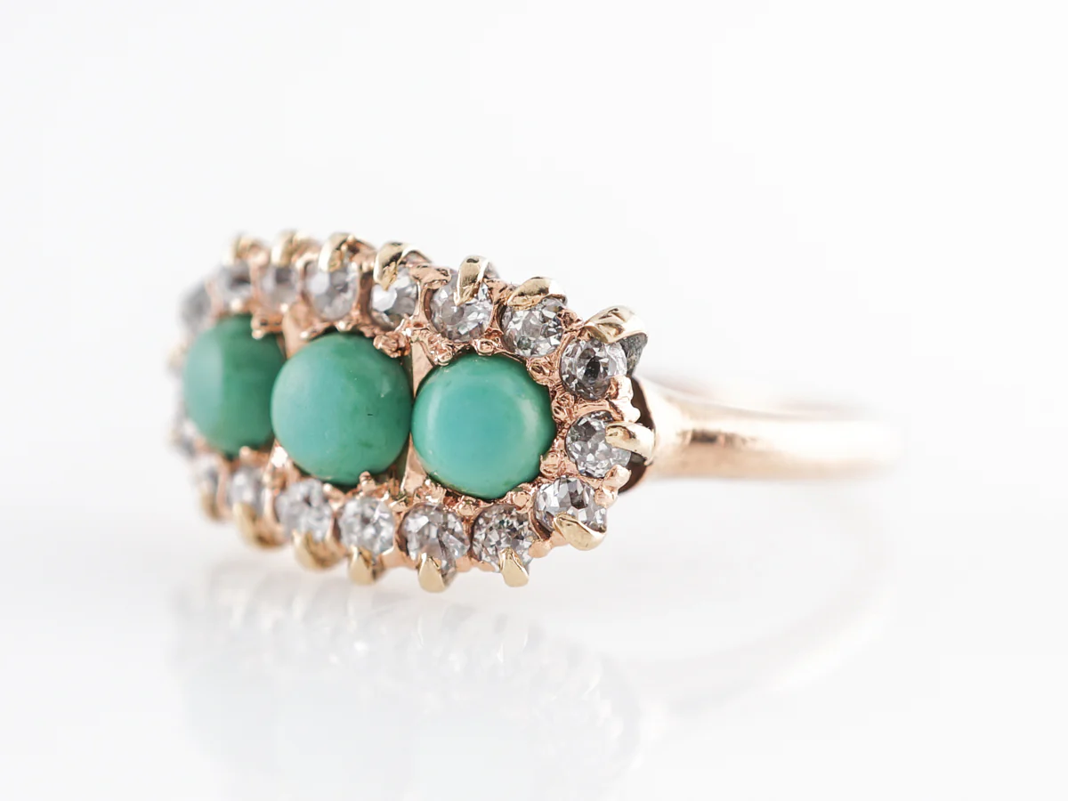 Victorian Cabochon Turquoise & Diamond Cocktail Ring 14k - Image 2