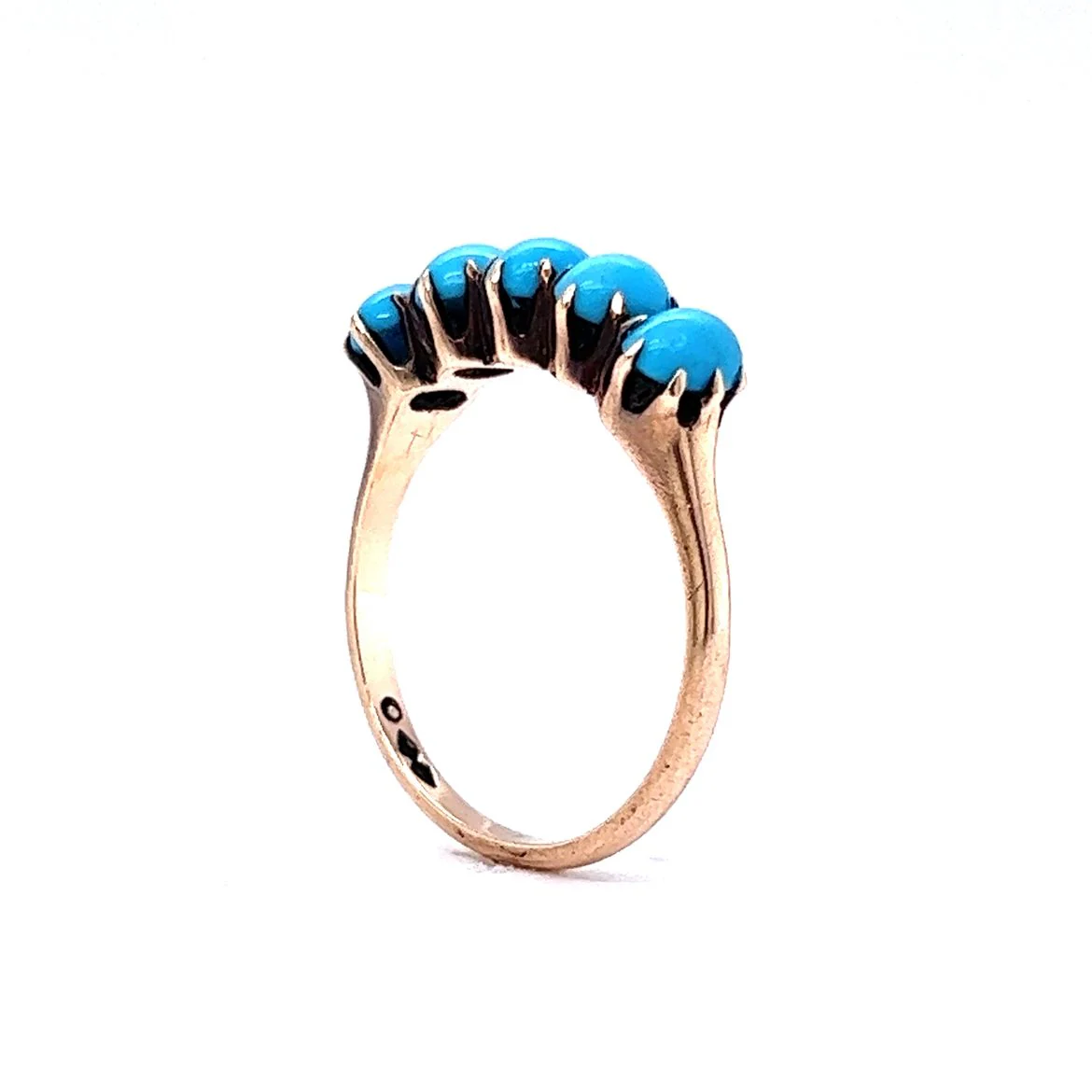 Victorian Cabochon Turquoise Five Stone Ring 10k Yellow Gold - Image 5