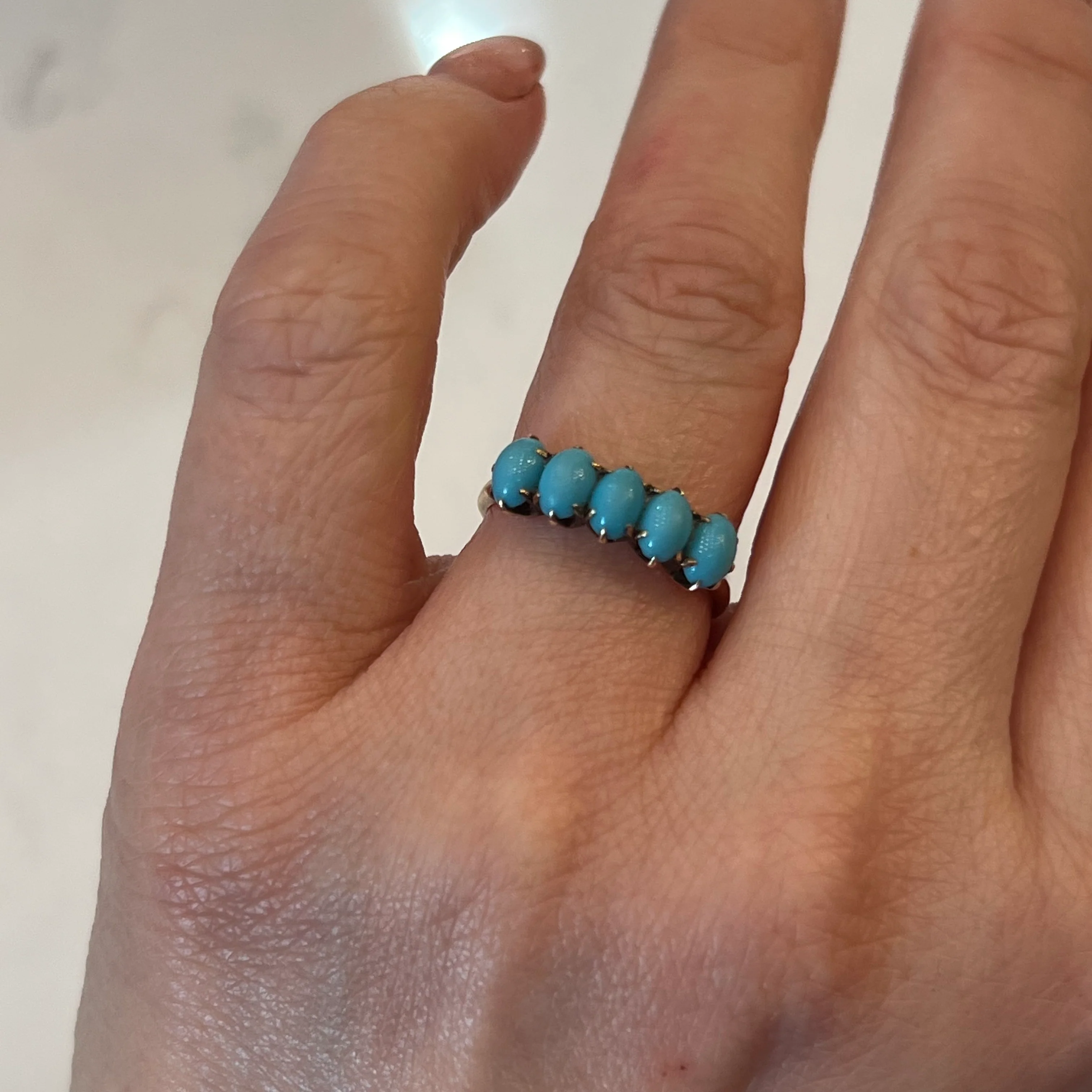 Victorian Cabochon Turquoise Five Stone Ring 10k Yellow Gold - Image 6