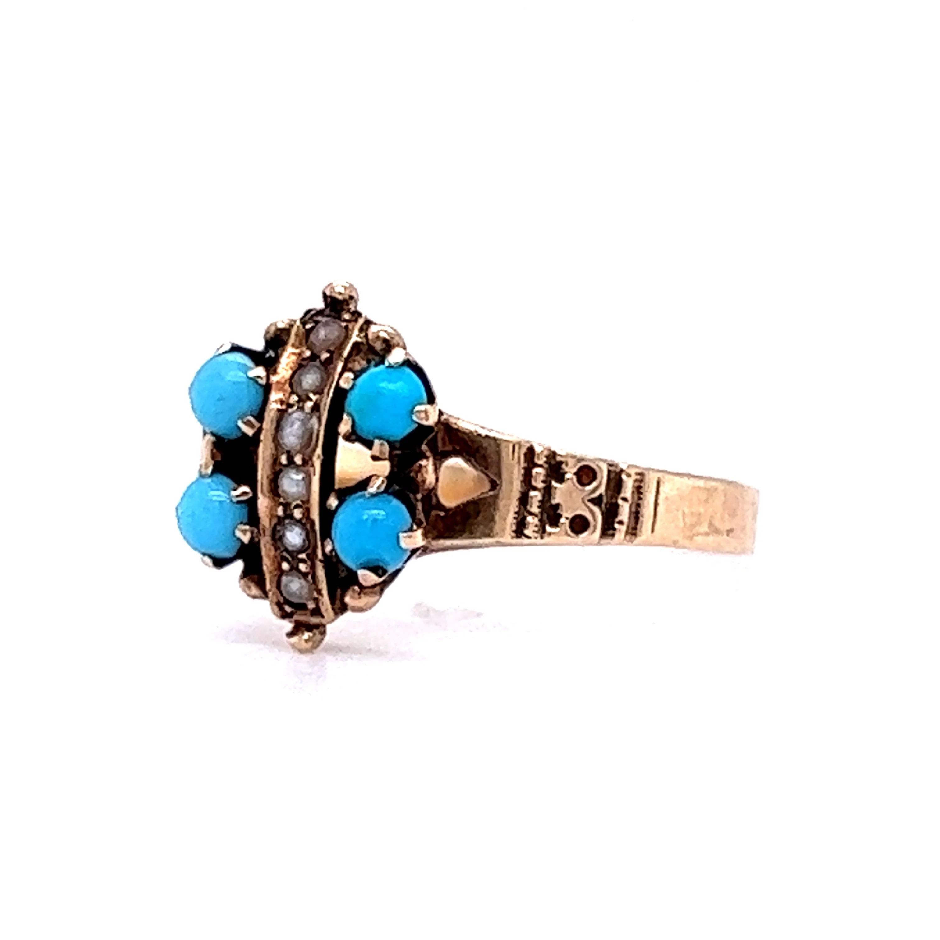 Victorian Cabochon Turquoise & Pearl Cocktail Ring 10k - Image 2