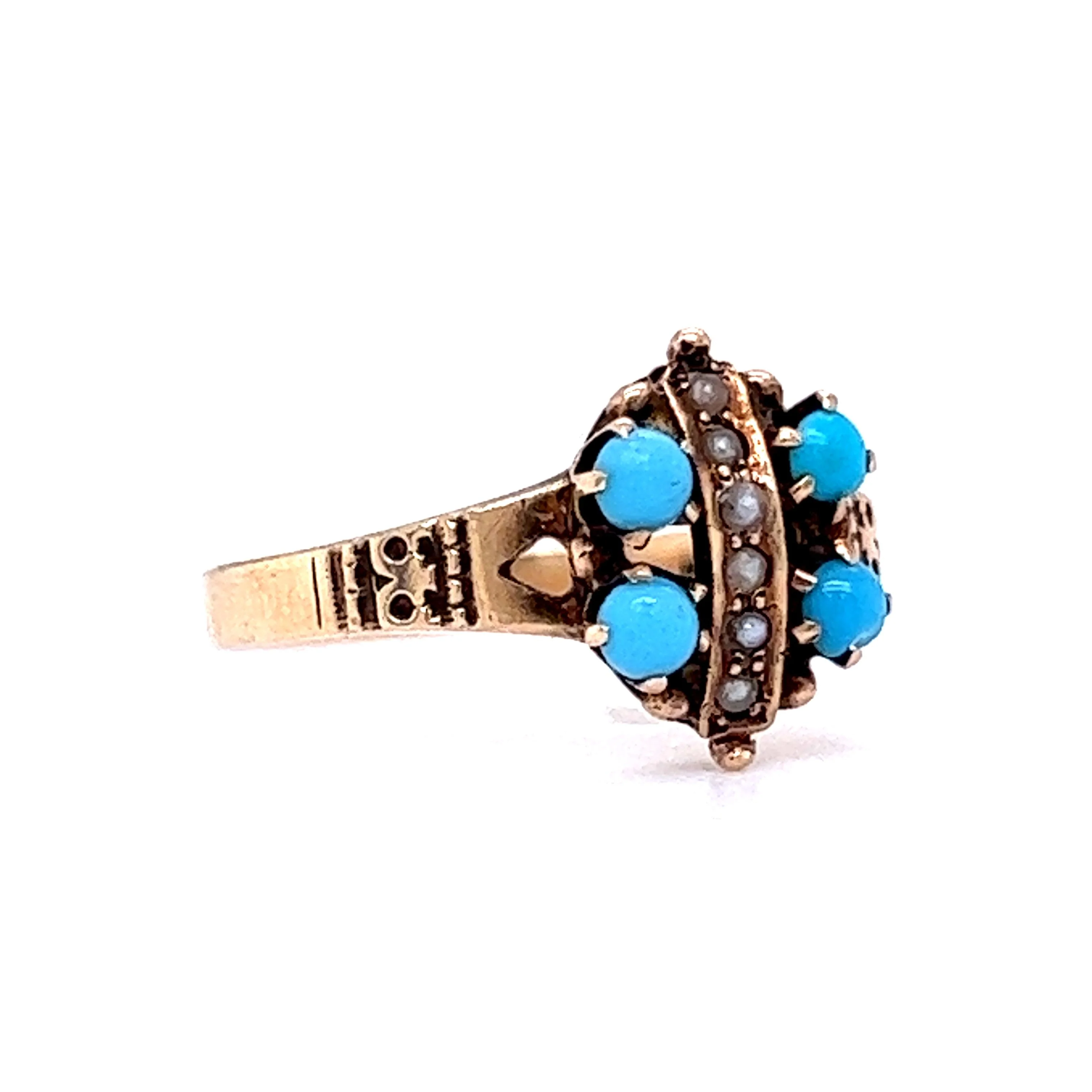 Victorian Cabochon Turquoise & Pearl Cocktail Ring 10k - Image 3