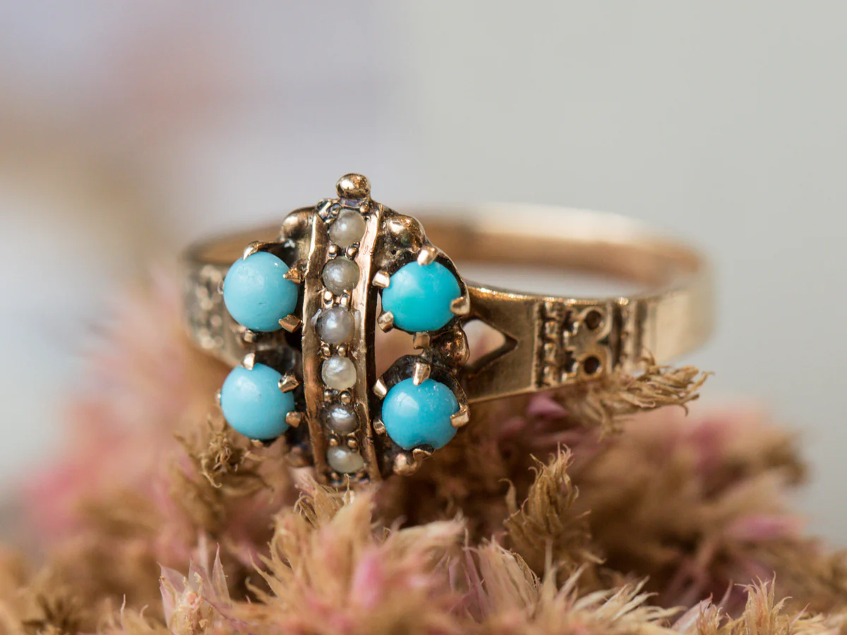 Victorian Cabochon Turquoise & Pearl Cocktail Ring 10k - Image 7