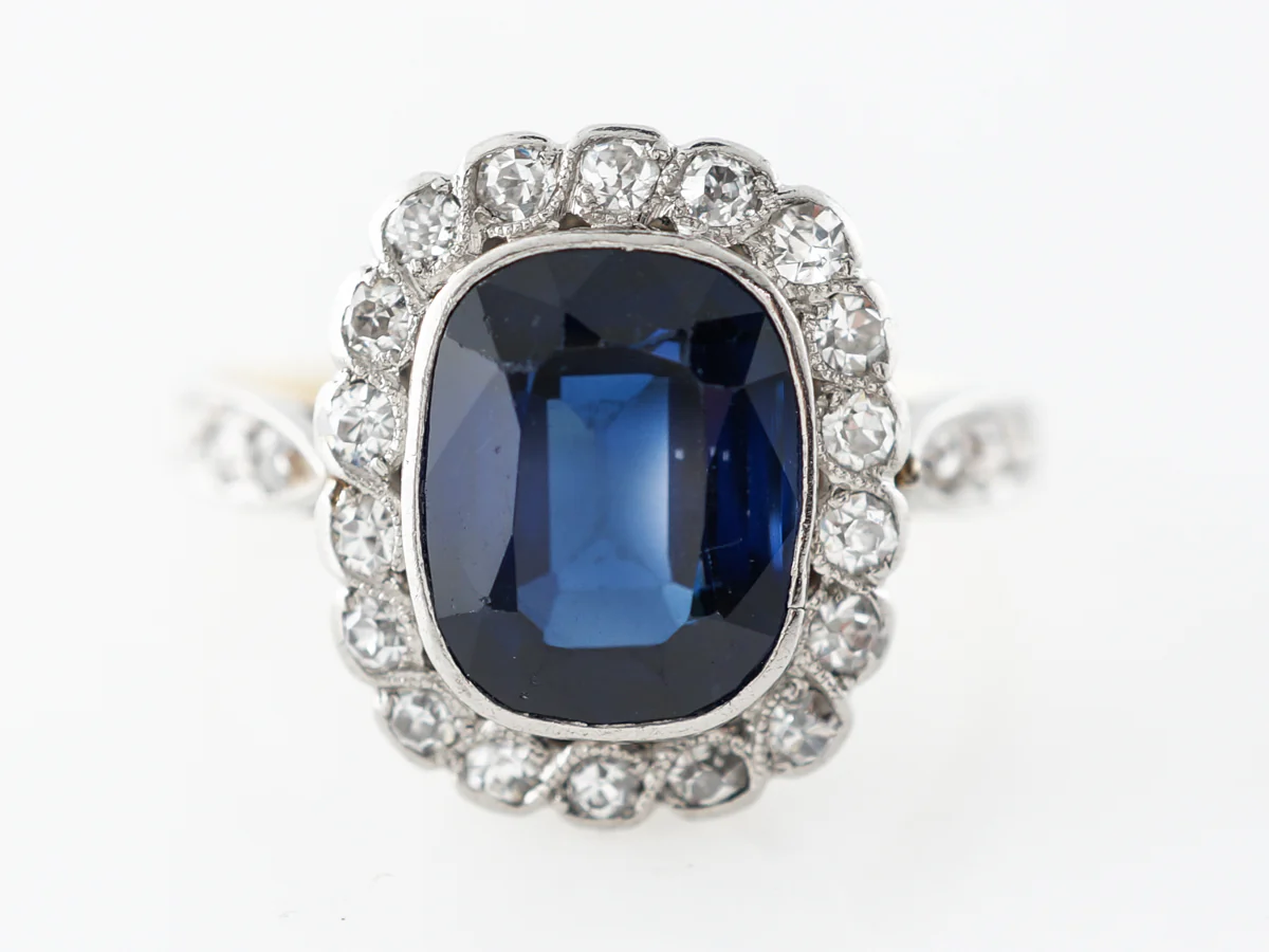 Victorian Cushion Cut Sapphire & Diamond Engagement Ring