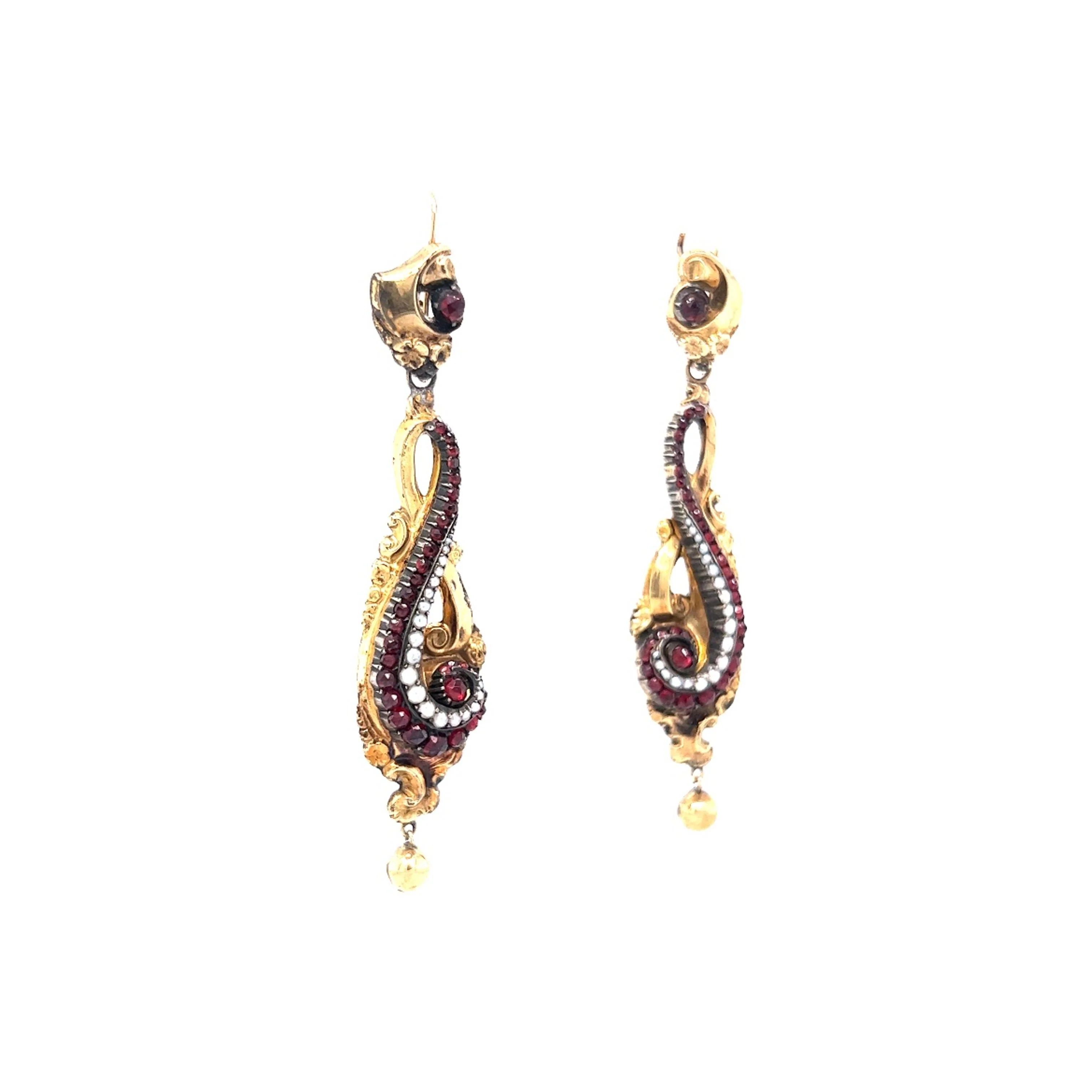 Victorian Dangle Earrings w/ Garnet & Pearl in Yellow Gold - Image 3