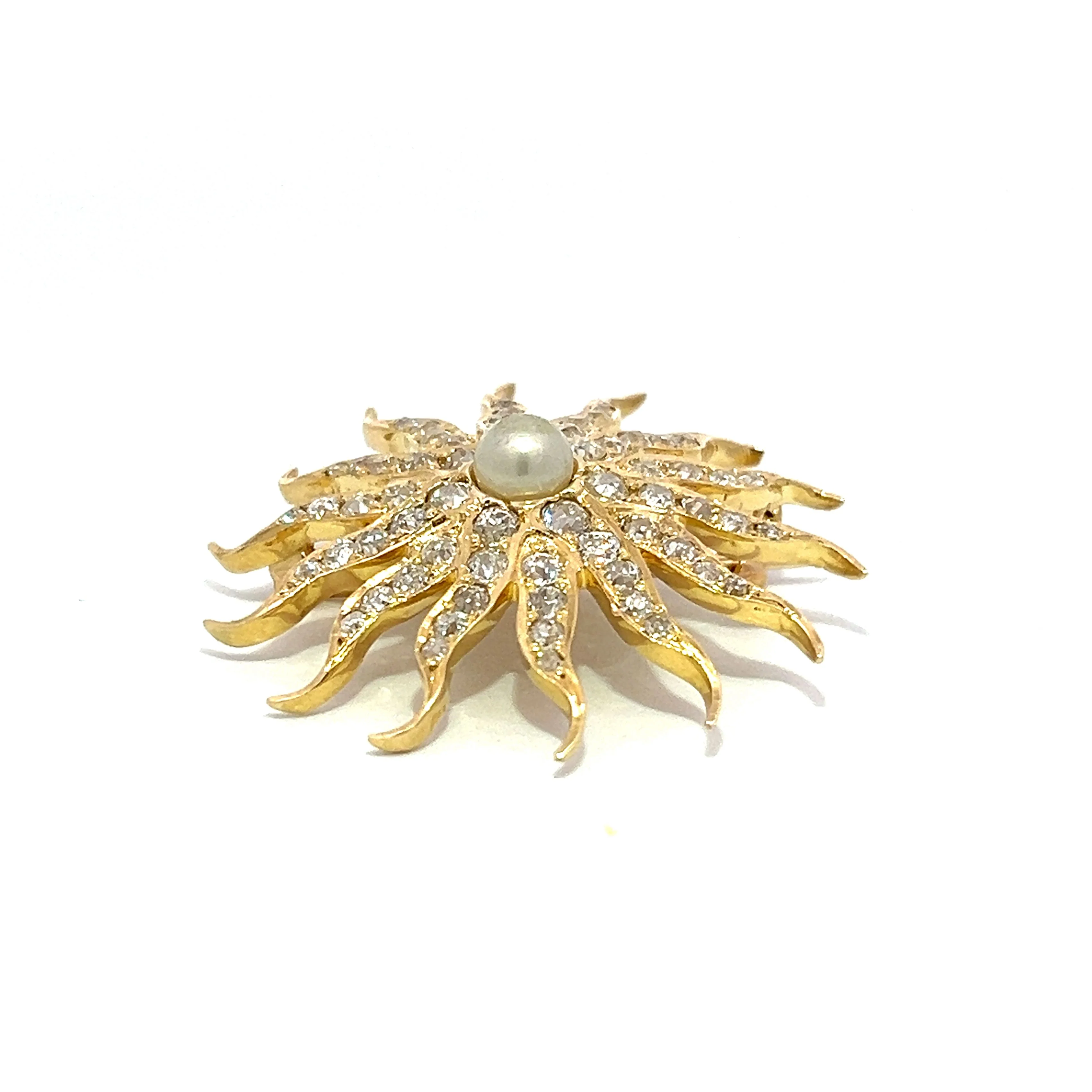 Victorian Diamond and Pearl Sun Brooch in 14k Yellow Gold - Image 2