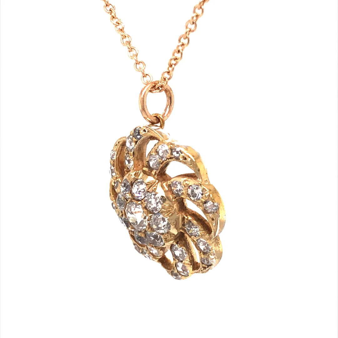 Victorian Diamond Flower Pendant Necklace in 14k Yellow Gold - Image 2