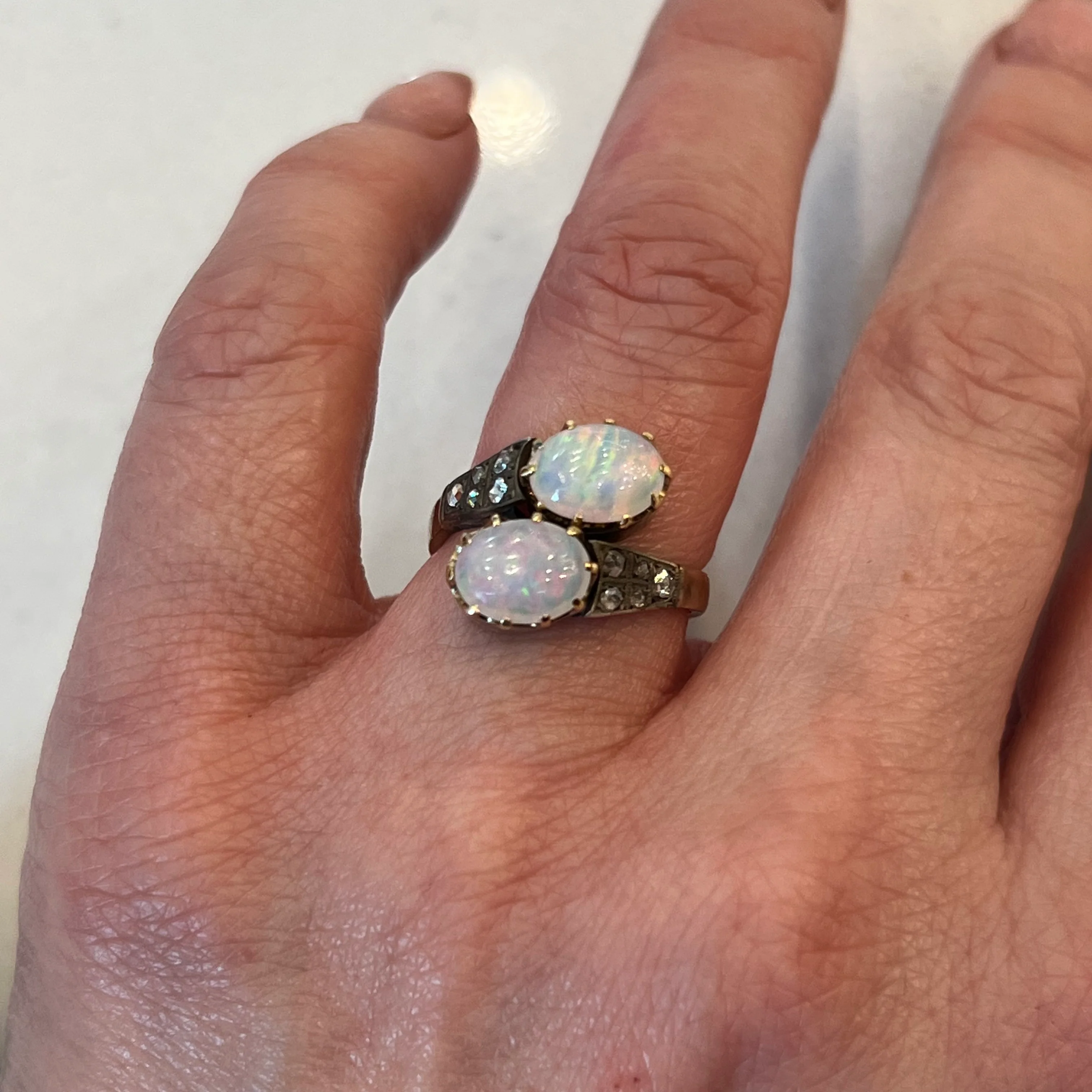 Victorian Diamond & Opal Cocktail Ring in Sterling Silver & Gold - Image 6