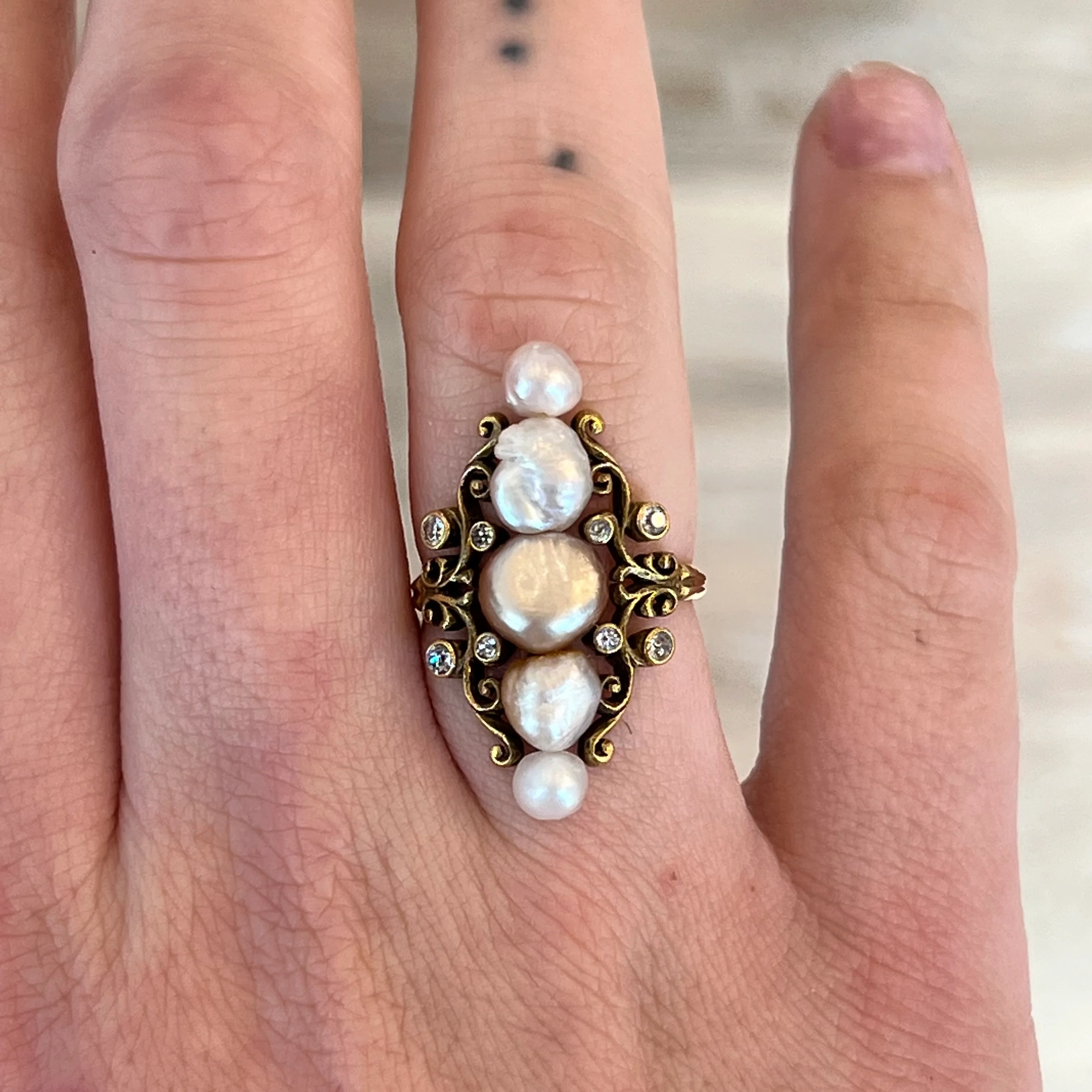 Victorian Diamond Ring w/ Keshi Pearls in Yellow Gold - Image 6