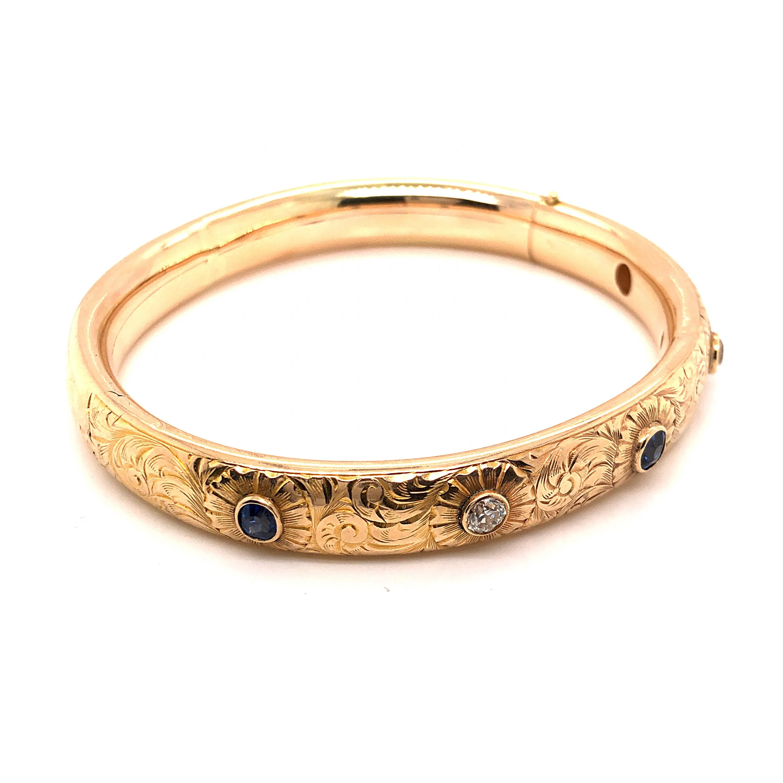 Victorian Diamond & Sapphire Bangle Bracelet in 14k Yellow Gold - Image 2