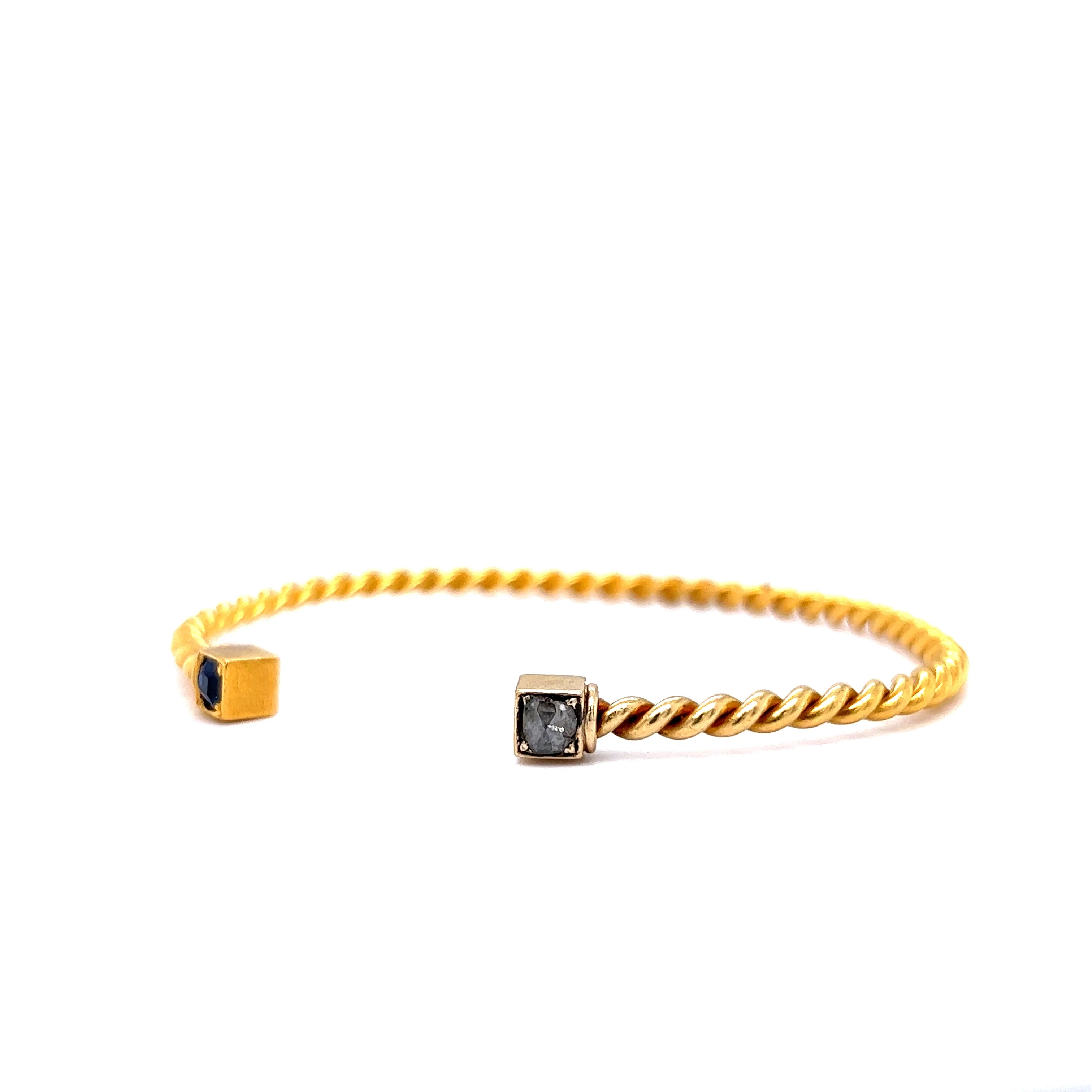 Victorian Diamond & Sapphire Twist Bangle Bracelet in 18k Yellow Gold - Image 2