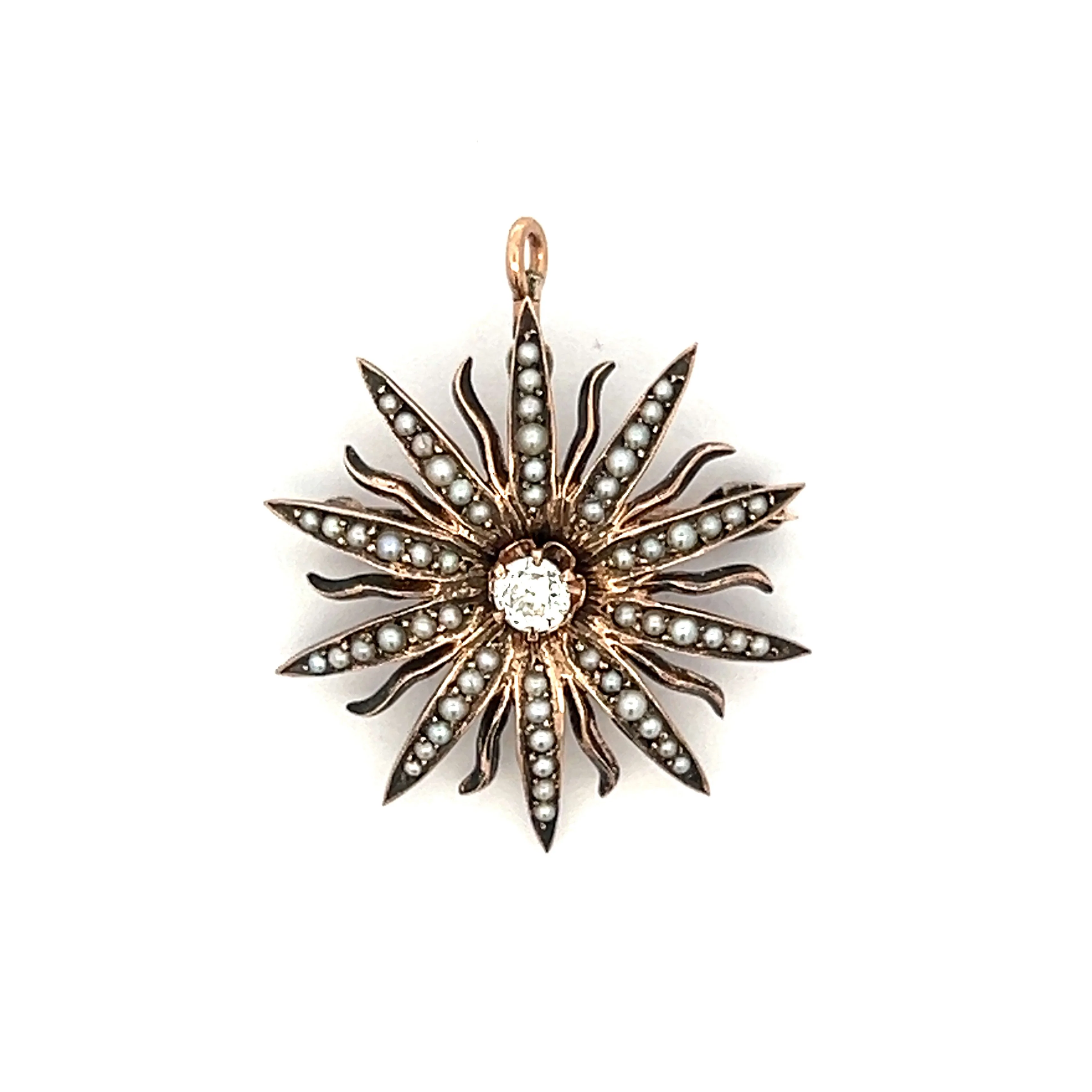 Victorian Diamond & Seed Pearl Brooch/Pendant in Rose Gold