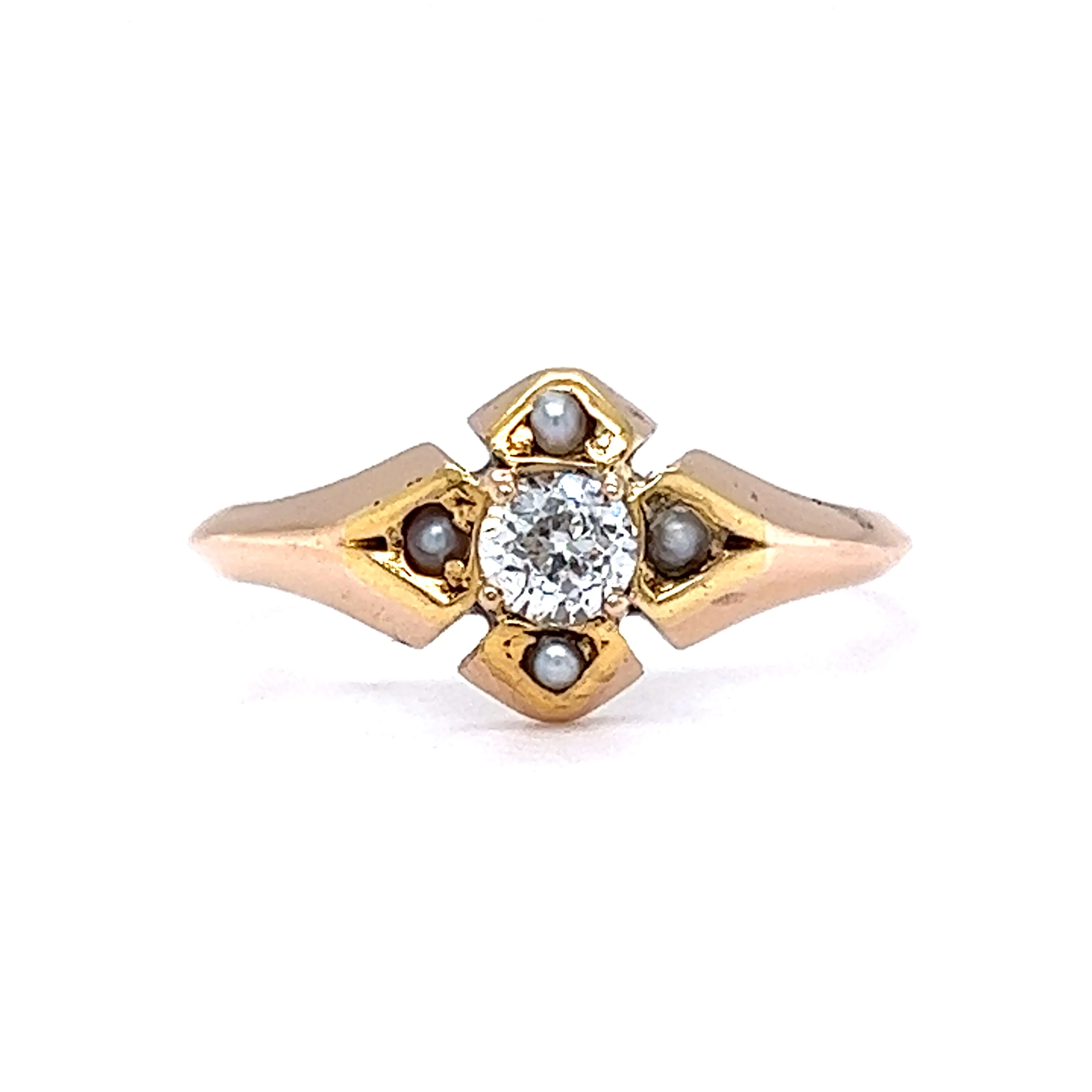 Victorian Diamond & Seed Pearl Ring in 14k Yellow Gold