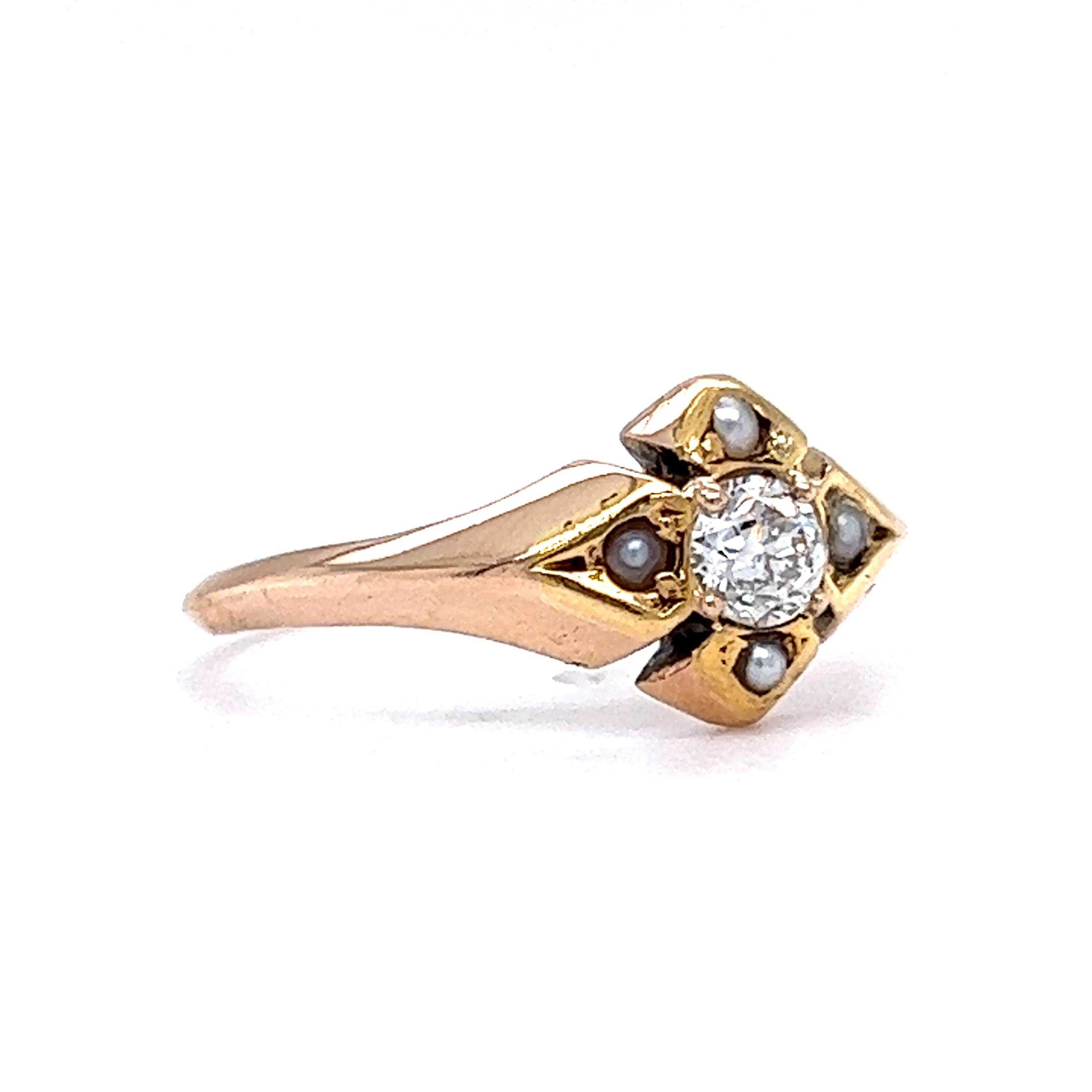 Victorian Diamond & Seed Pearl Ring in 14k Yellow Gold - Image 2