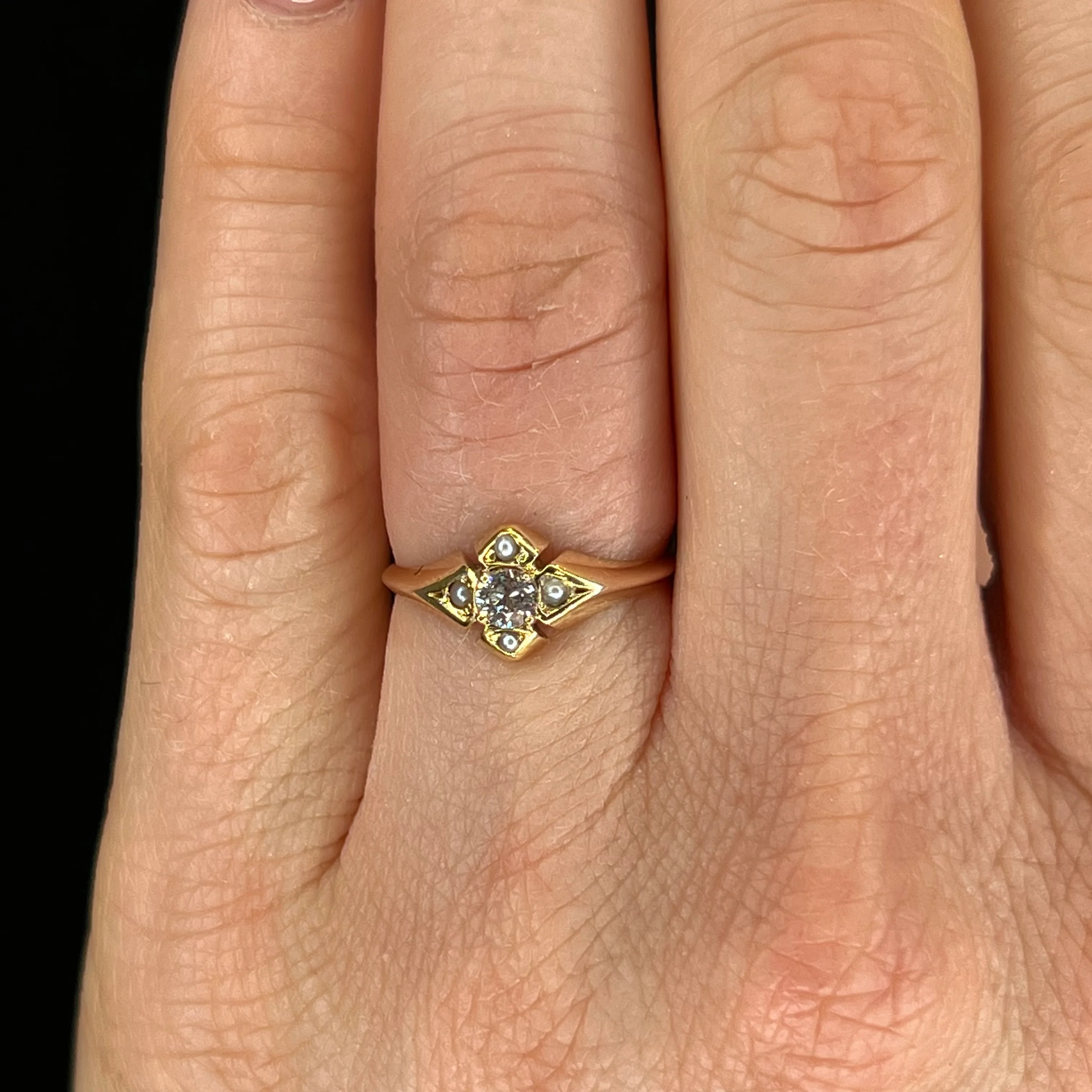 Victorian Diamond & Seed Pearl Ring in 14k Yellow Gold - Image 6