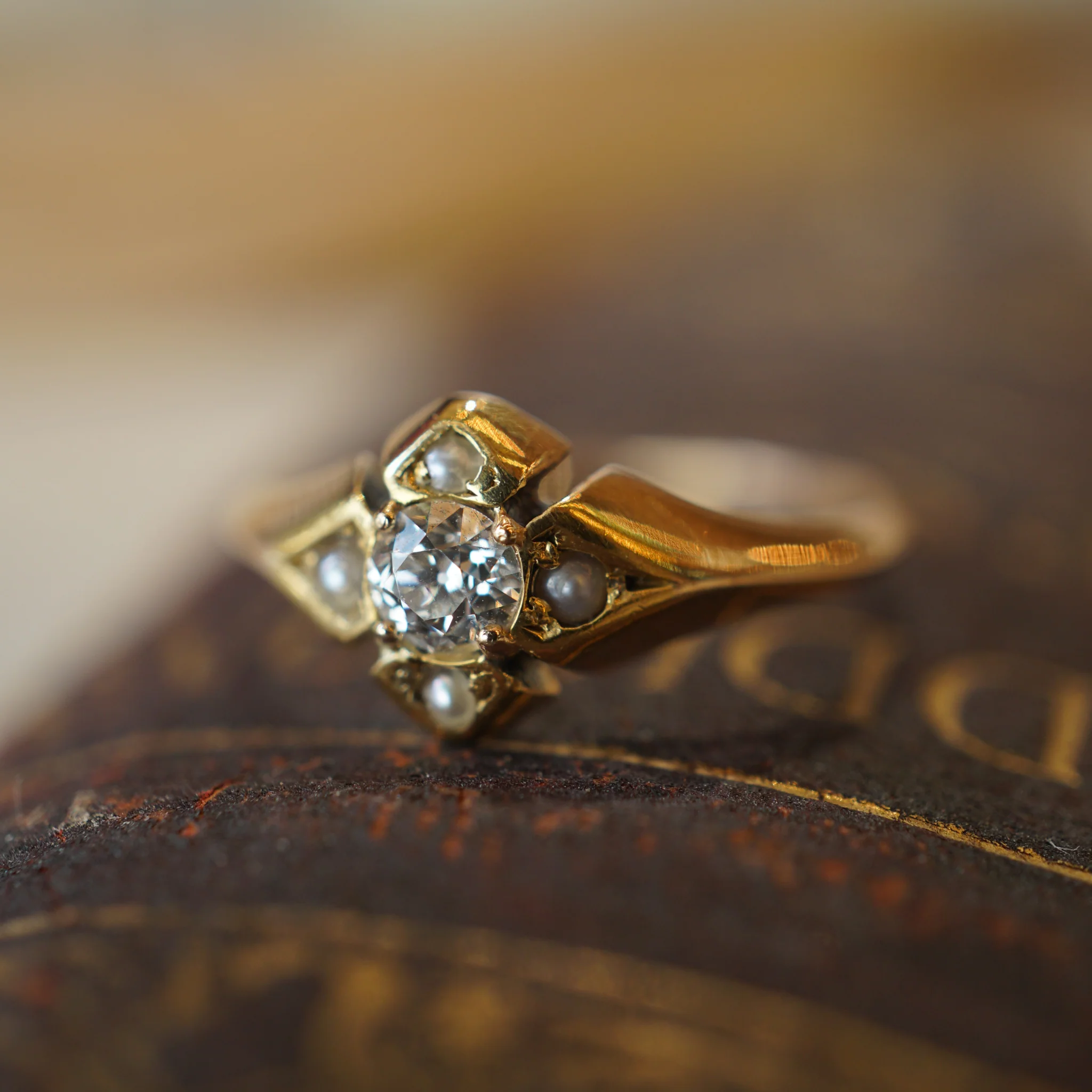 Victorian Diamond & Seed Pearl Ring in 14k Yellow Gold - Image 7