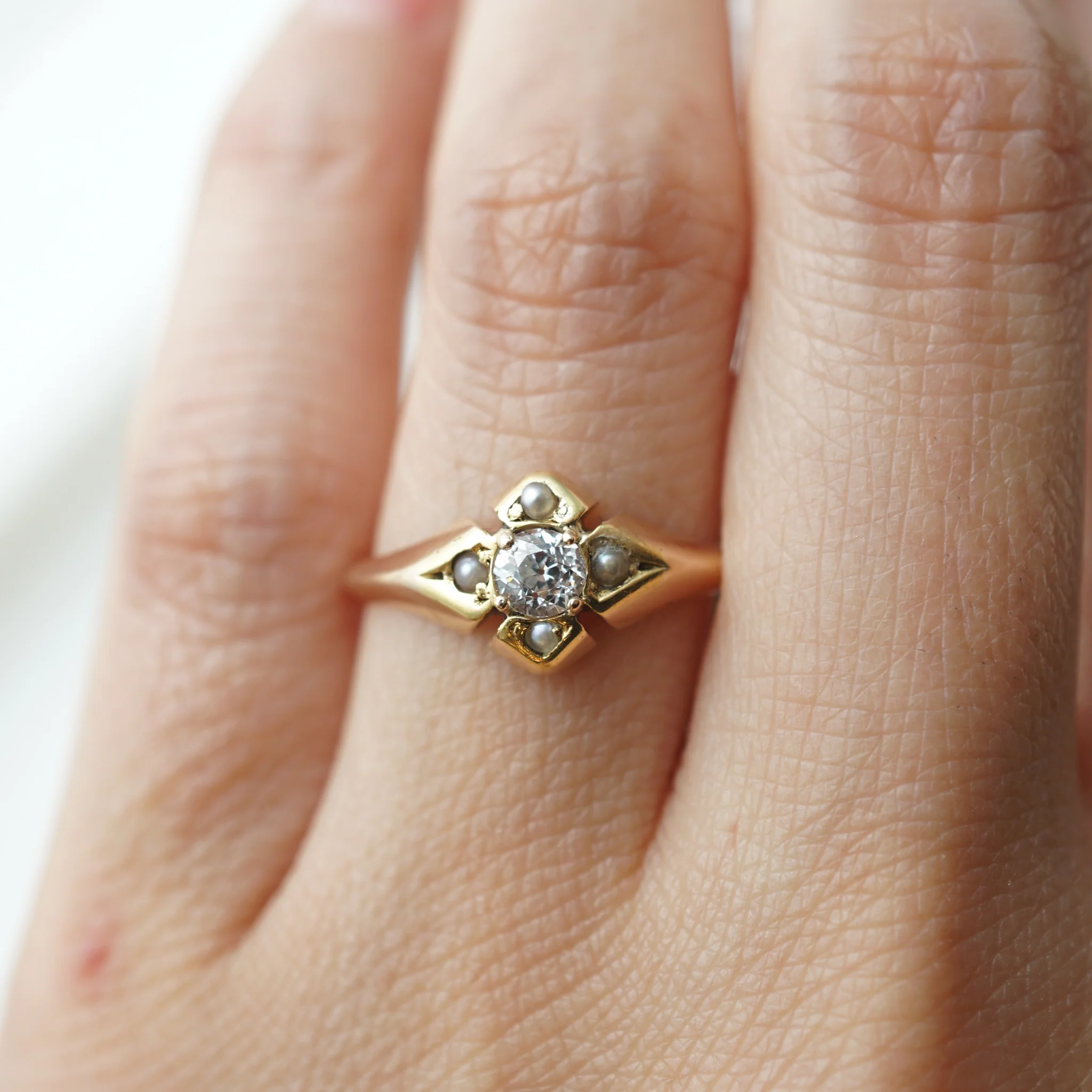 Victorian Diamond & Seed Pearl Ring in 14k Yellow Gold - Image 8