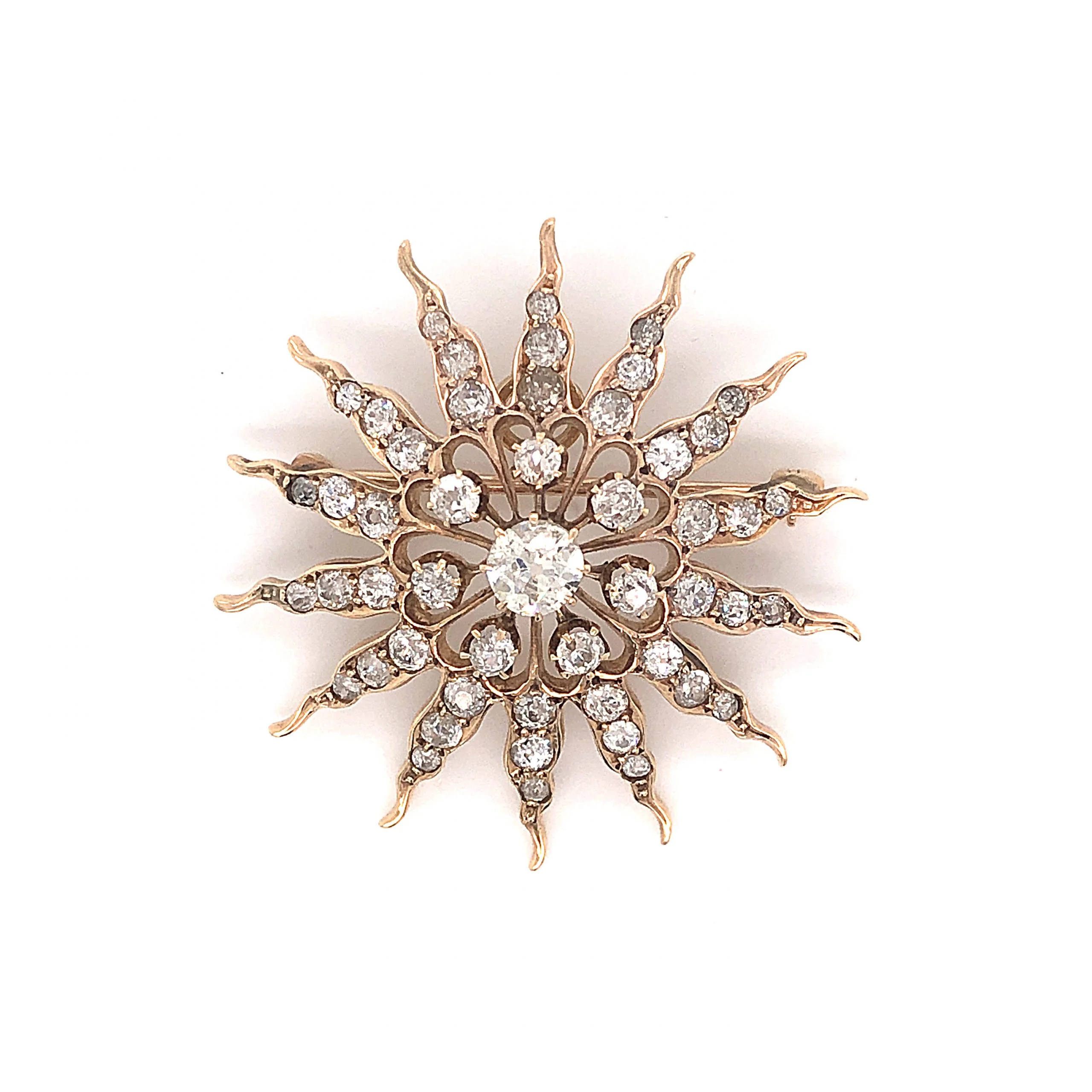 Victorian Diamond Sun Brooch Pendant in 14k Yellow Gold