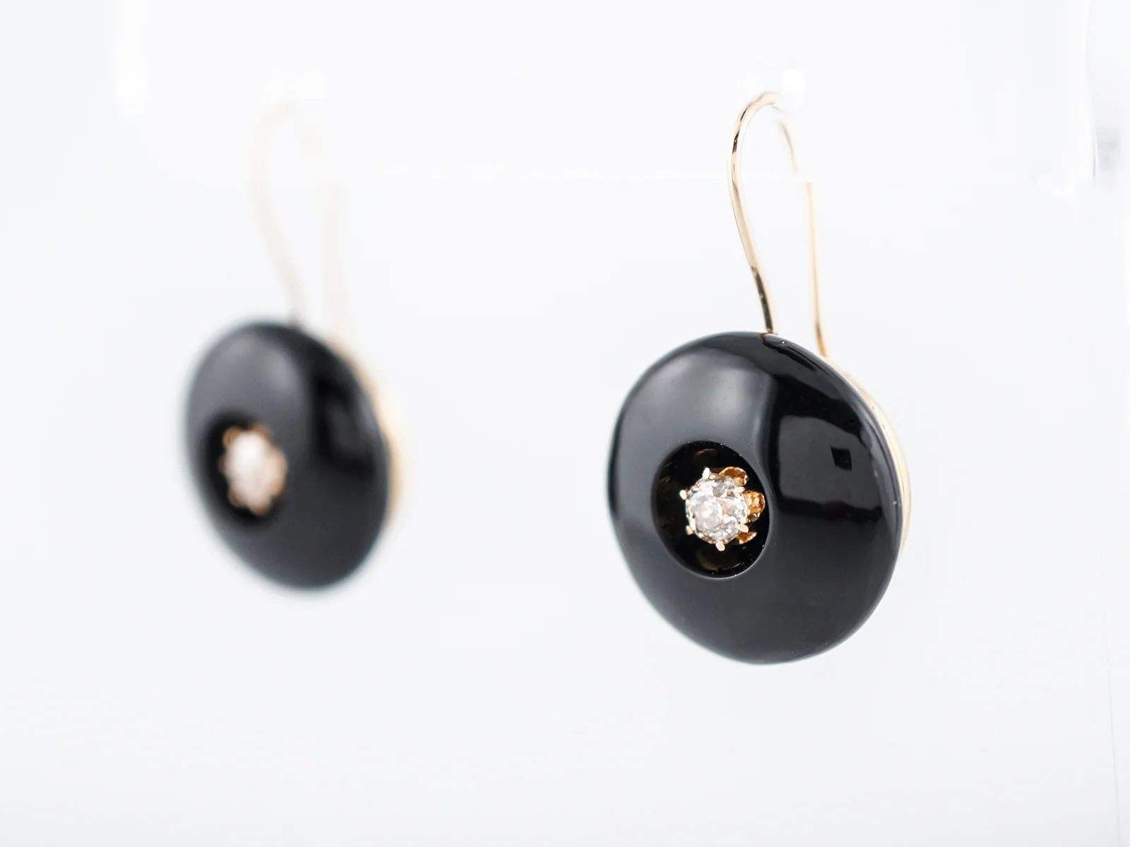 Victorian Earrings .78 Round Brilliant Cut Diamonds & Onyx in 14k Yellow Gold - Image 2