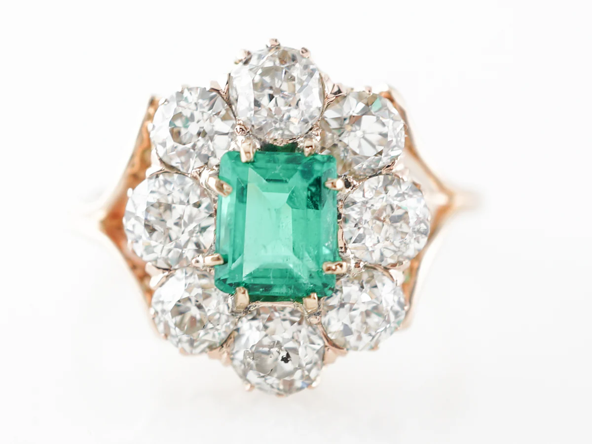 Victorian Emerald Cut Emerald Engagement Ring in Yellow Gold