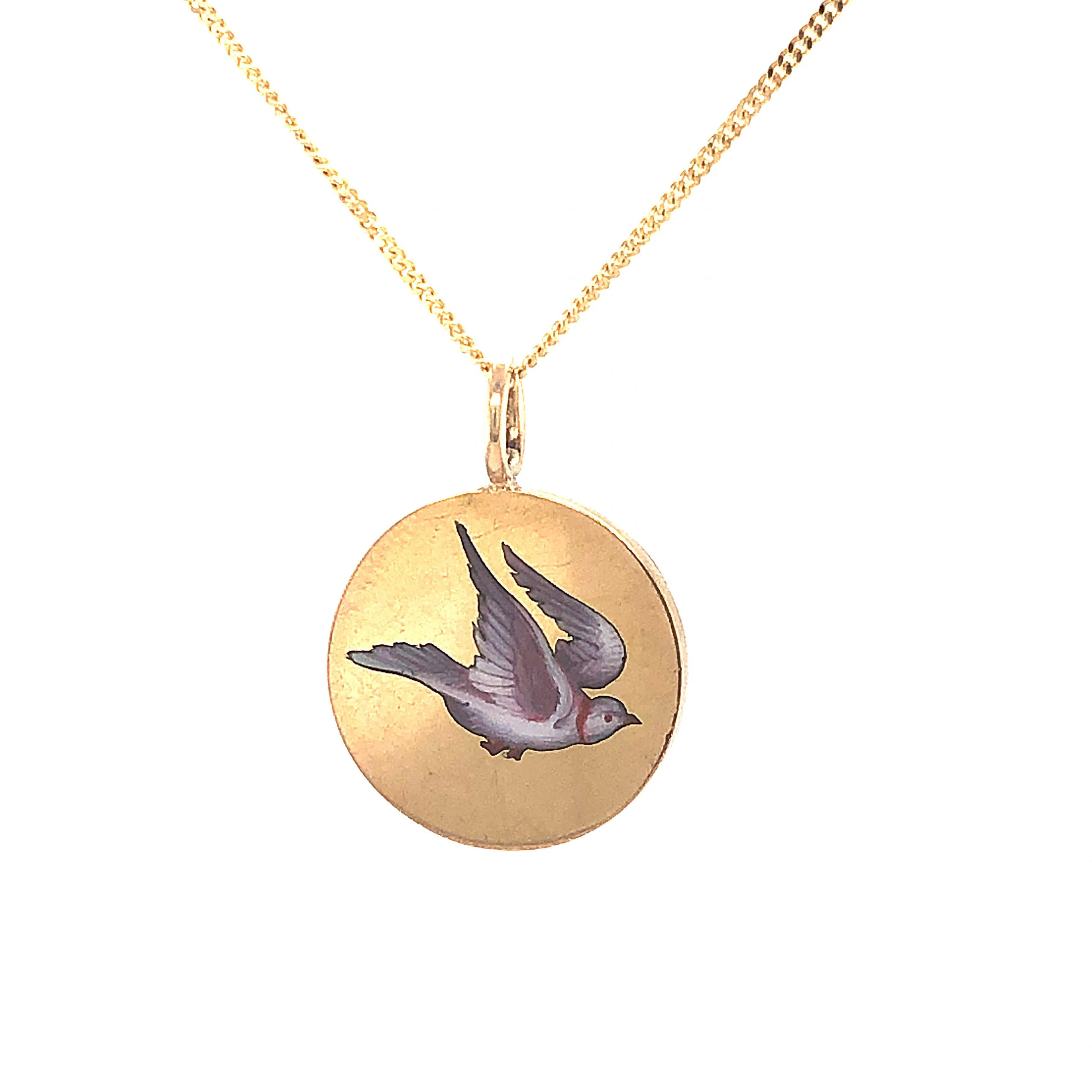 Victorian Enamel Dove Pendant Necklace in 14k Yellow Gold - Image 3
