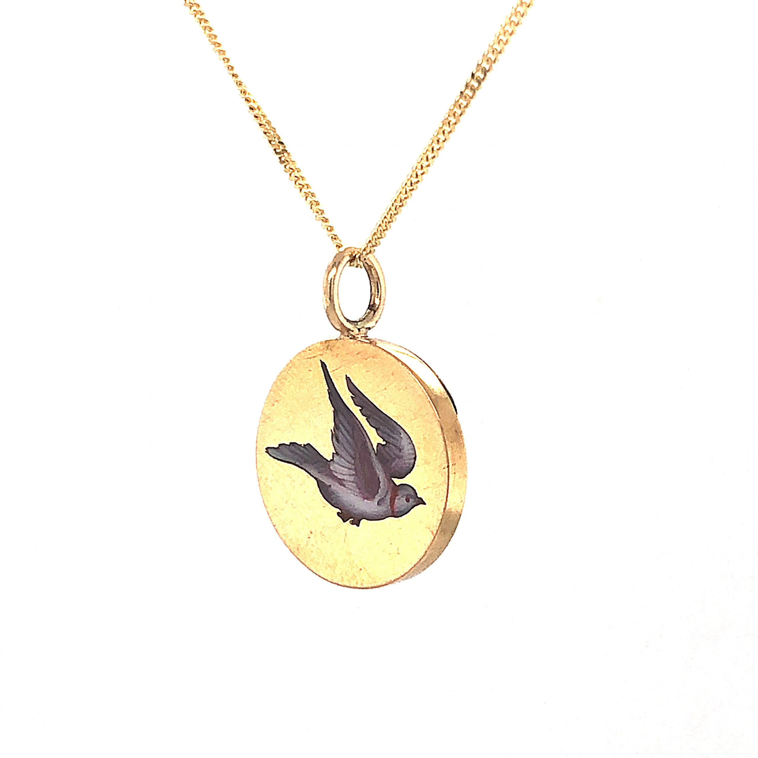 Victorian Enamel Dove Pendant Necklace in 14k Yellow Gold - Image 4