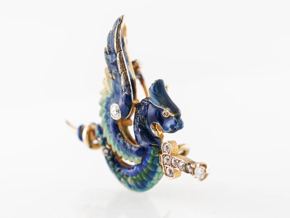 Victorian Enamel Dragon Pendant w/ Diamonds in Yellow Gold - Image 2