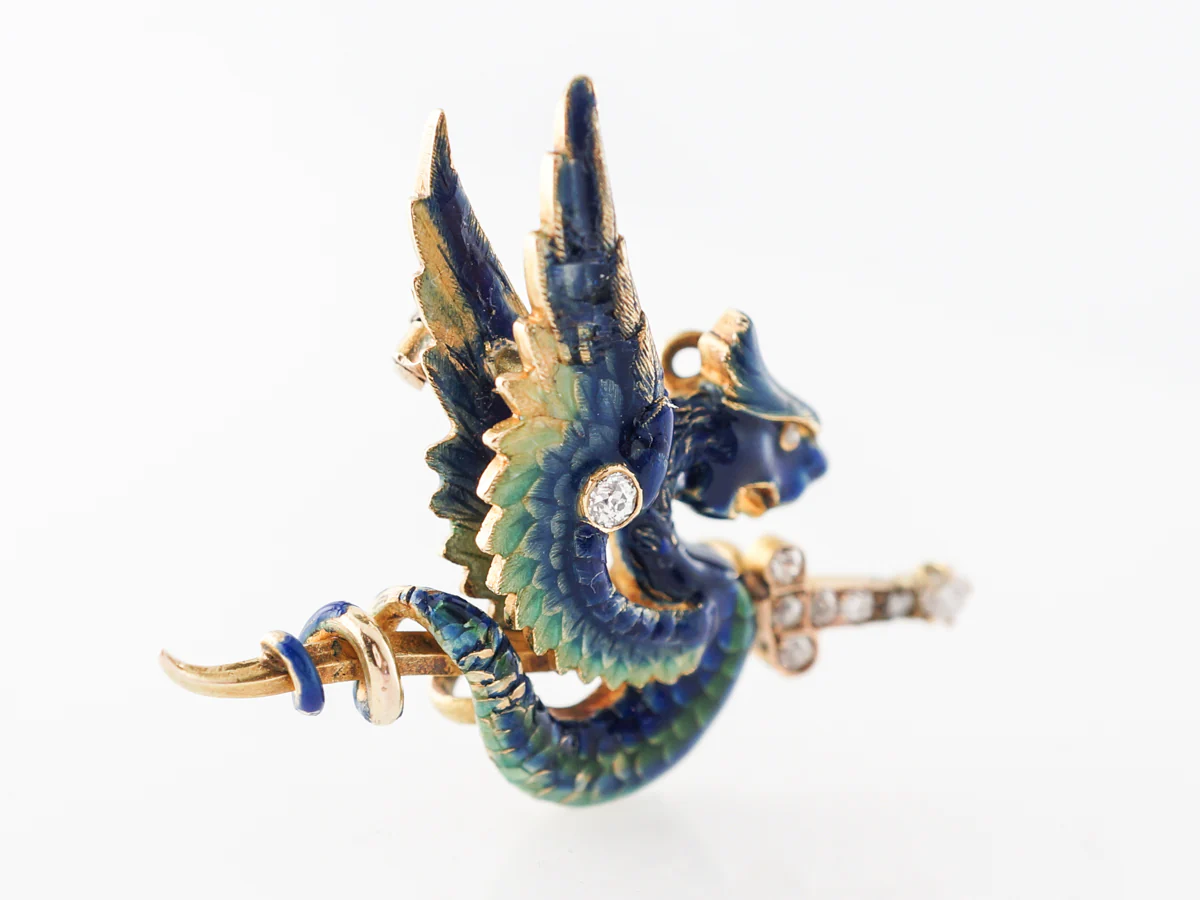 Victorian Enamel Dragon Pendant w/ Diamonds in Yellow Gold - Image 3