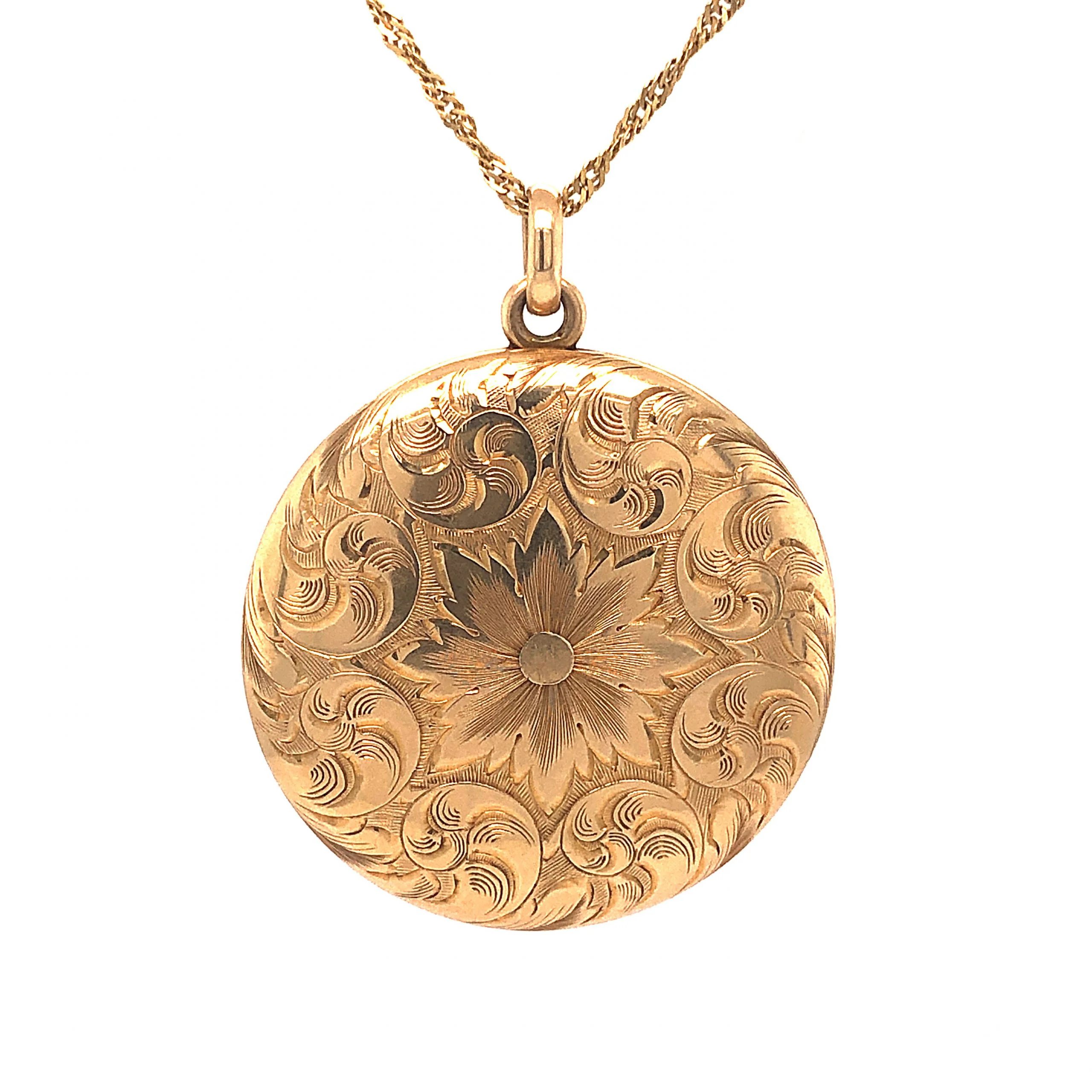 Victorian Engraved Round Locket Necklace in 14k Yellow Gold - Image 2