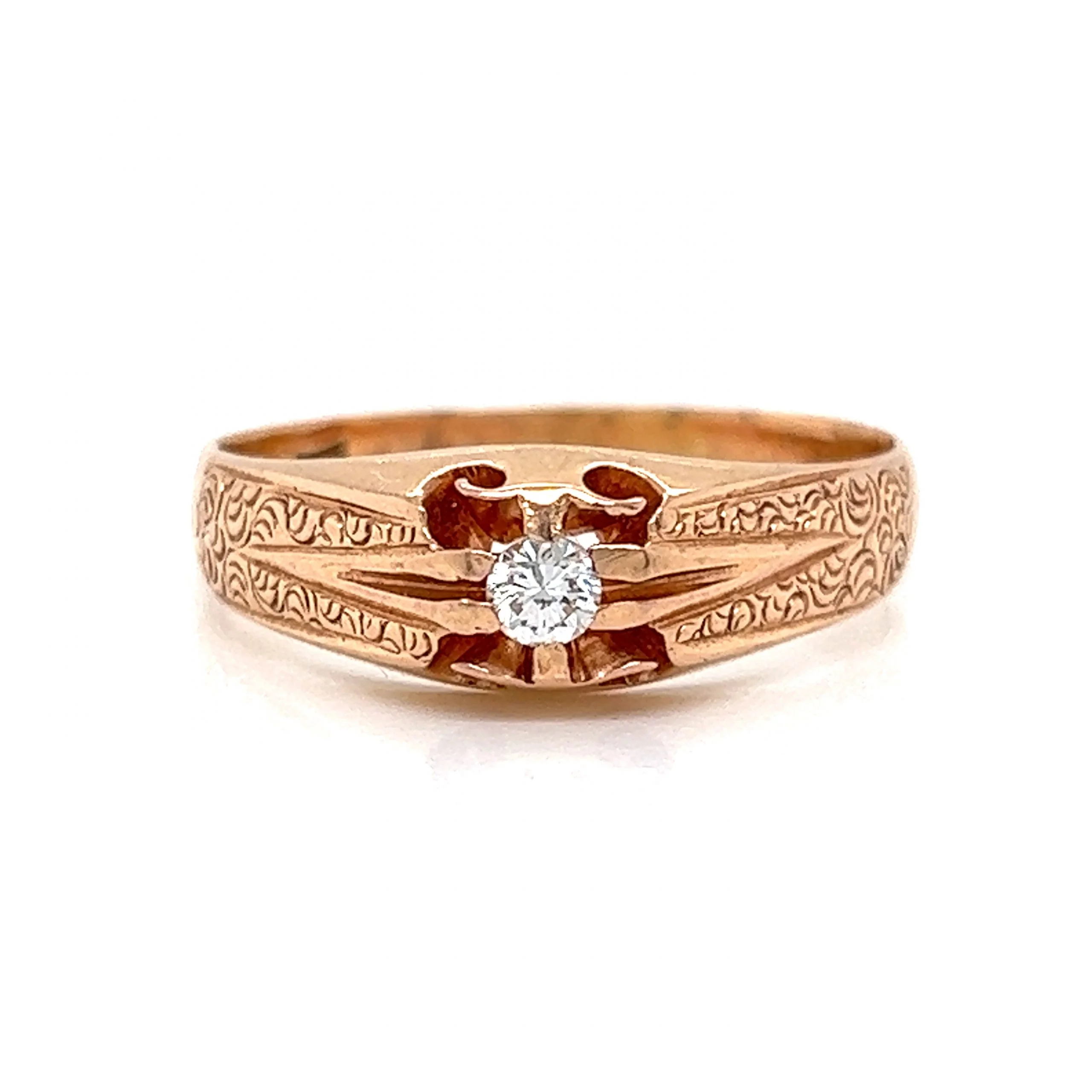 Victorian Engraved Single Diamond Ring in 14k Rose Gold
