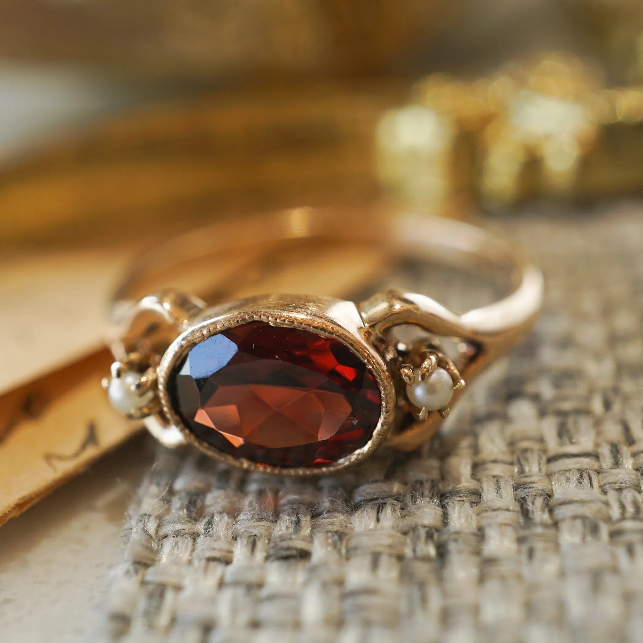 Victorian Garnet & Pearl Ring in 10k Yellow Gold - Image 6