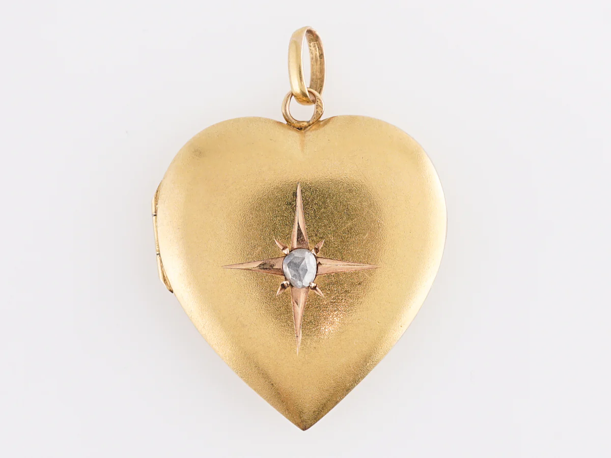 Victorian Heart Locket w/ Rose Cut Diamond in 14k Yellow Gold