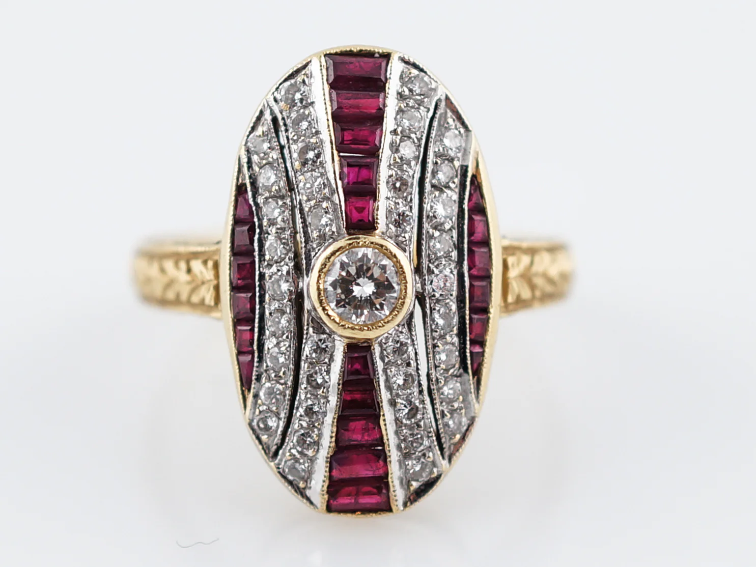 Victorian Inspired Retro Cocktail Ring .14 Round Brilliant Cut Diamond & Ruby in 18k Yellow & White Gold