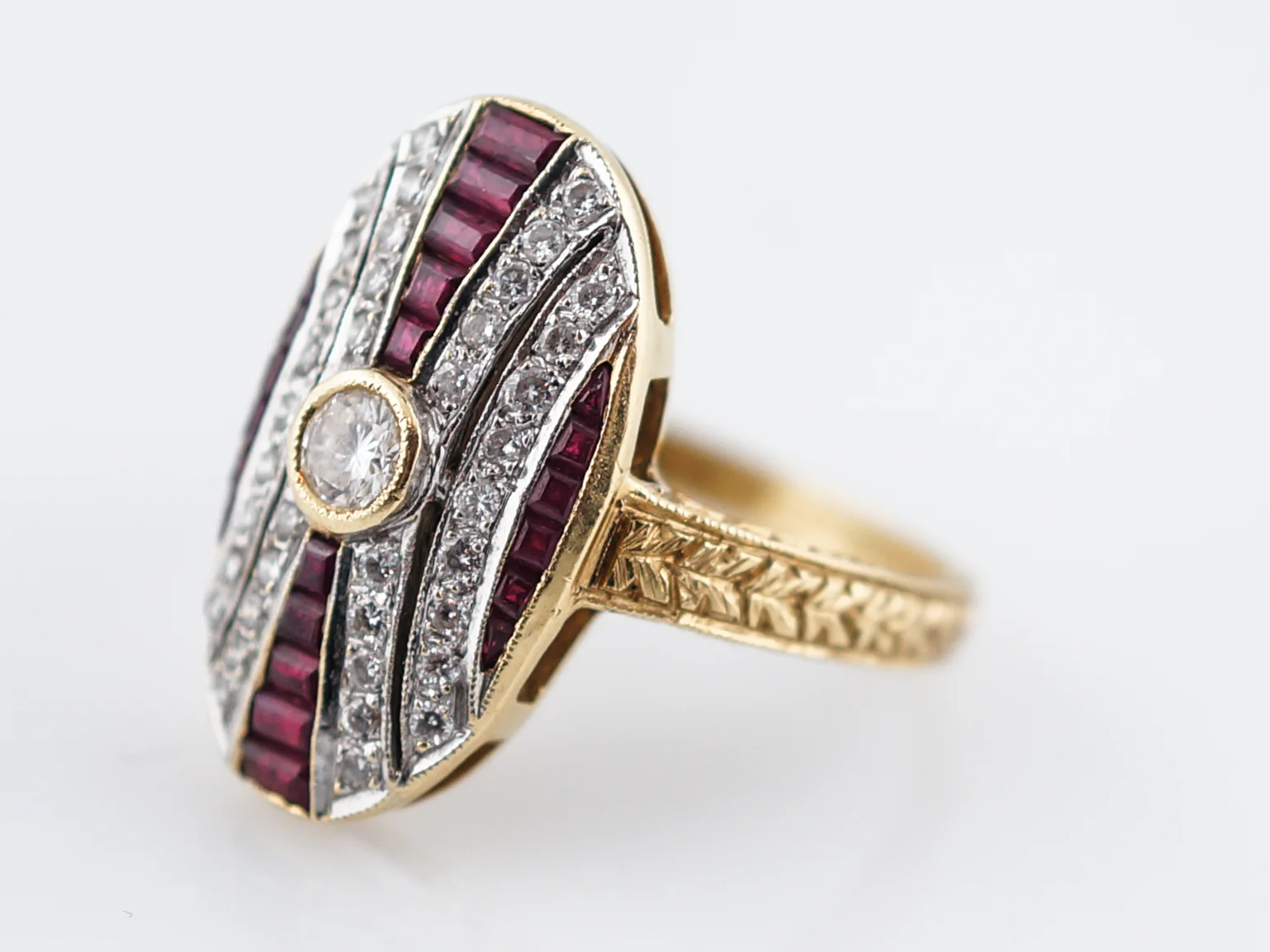 Victorian Inspired Retro Cocktail Ring .14 Round Brilliant Cut Diamond & Ruby in 18k Yellow & White Gold - Image 2