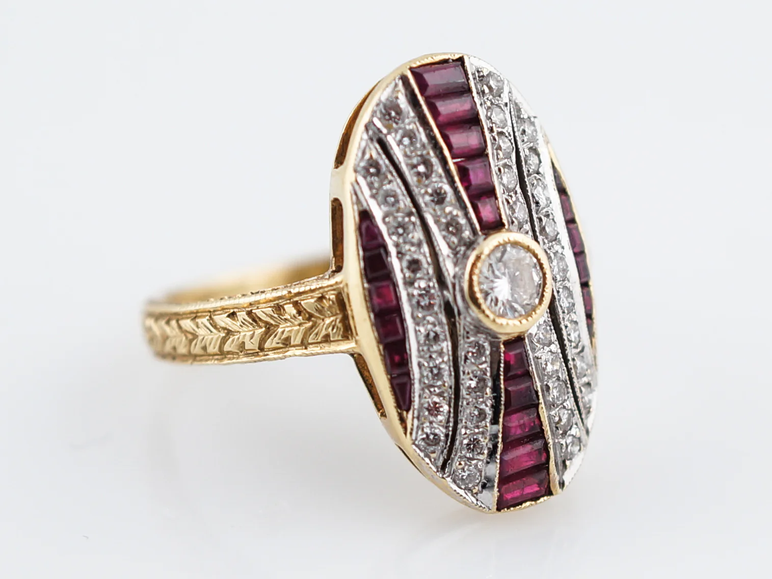 Victorian Inspired Retro Cocktail Ring .14 Round Brilliant Cut Diamond & Ruby in 18k Yellow & White Gold - Image 3