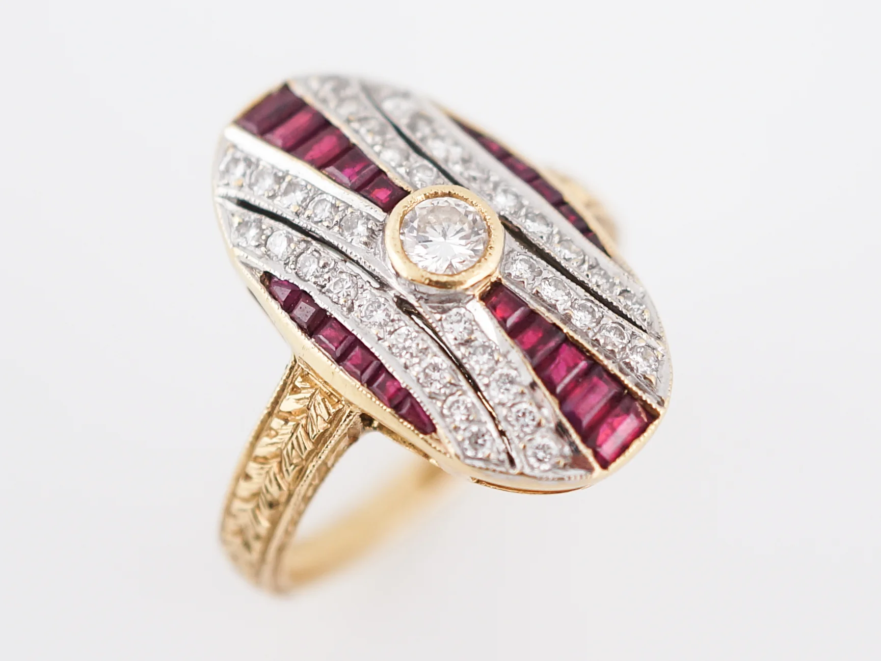 Victorian Inspired Retro Cocktail Ring .14 Round Brilliant Cut Diamond & Ruby in 18k Yellow & White Gold - Image 4