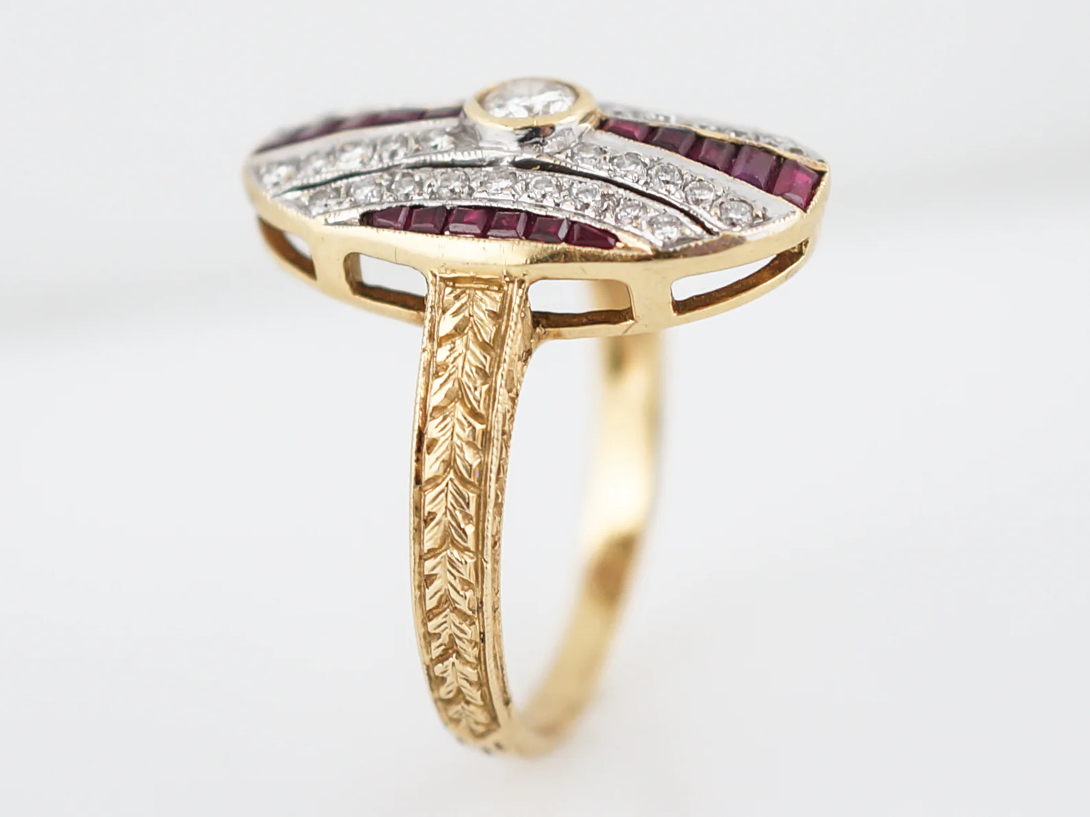Victorian Inspired Retro Cocktail Ring .14 Round Brilliant Cut Diamond & Ruby in 18k Yellow & White Gold - Image 5